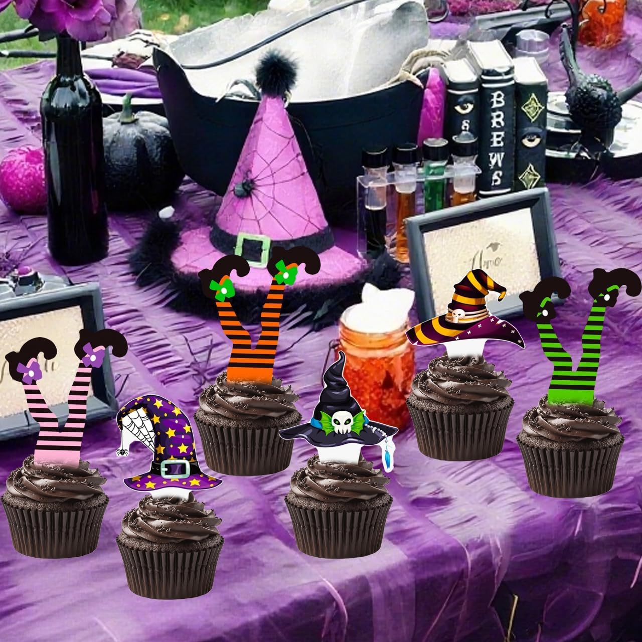 48pcs Witch Hat and Boot Cupcake Toppers Halloween Party