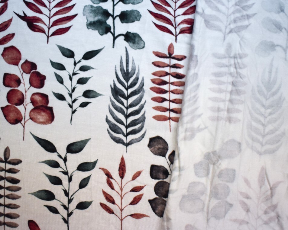 Red-Green-Multi Rayon Modal Leaves Print Stretch Spandex Jersey Knit Fabric By the Yard