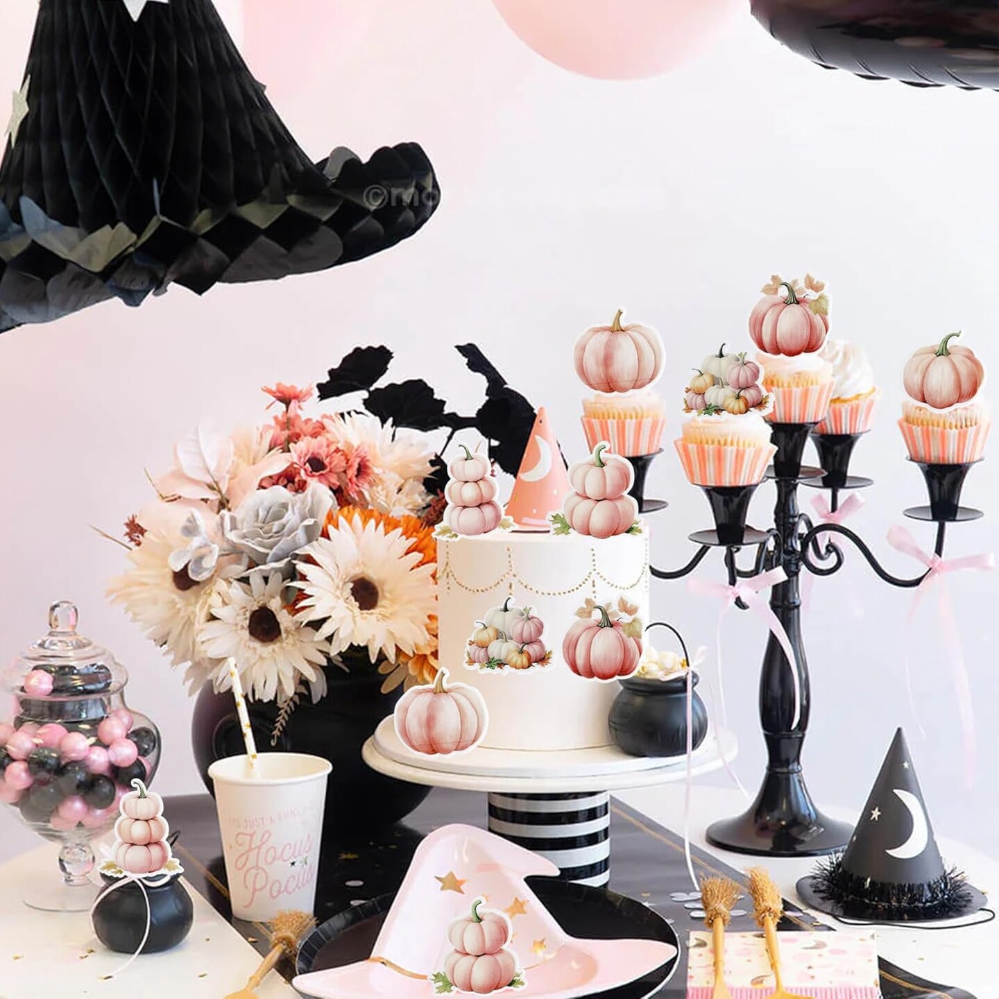 48 PCS Edible Pumpkin Cupcake Toppers Wafer Paper Pink Pumpkin Fall Theme