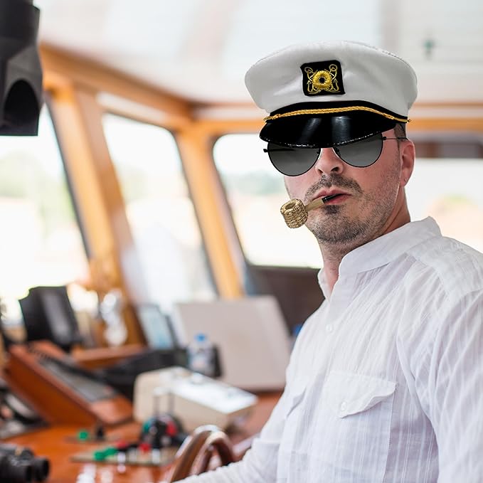4E&#x27;s Novelty Yacht Captain Hat Costume Accessories Set with Adjustable Hat, Aviator Sunglasses &#x26; Fake Pipe &#x2013; Sailor Outfit Accessories for Adults, Men &#x26; Women &#x2013; Nautical Party &#x26; Halloween Dress Up