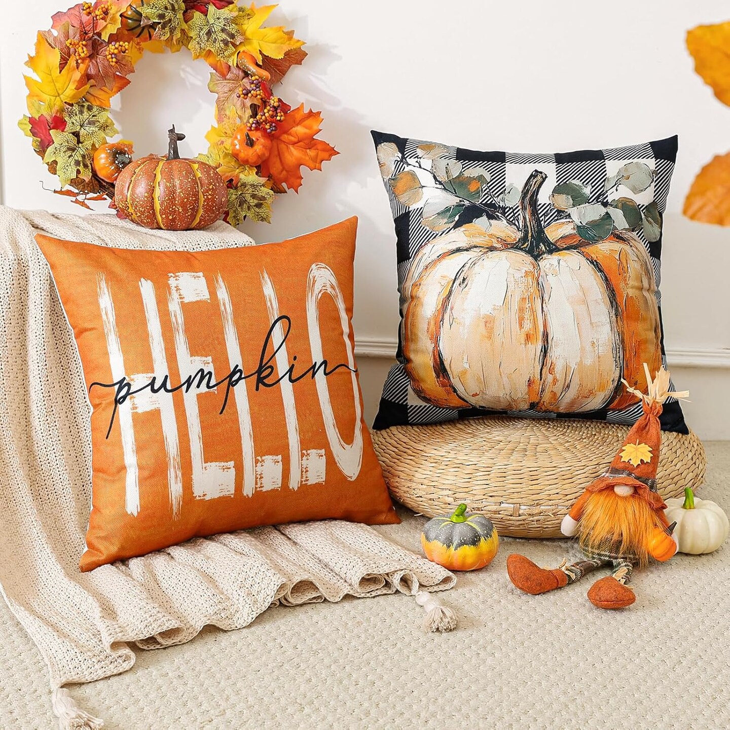 Set of 4 Fall Decorative Throw Pillow Covers 20x20 Inch
