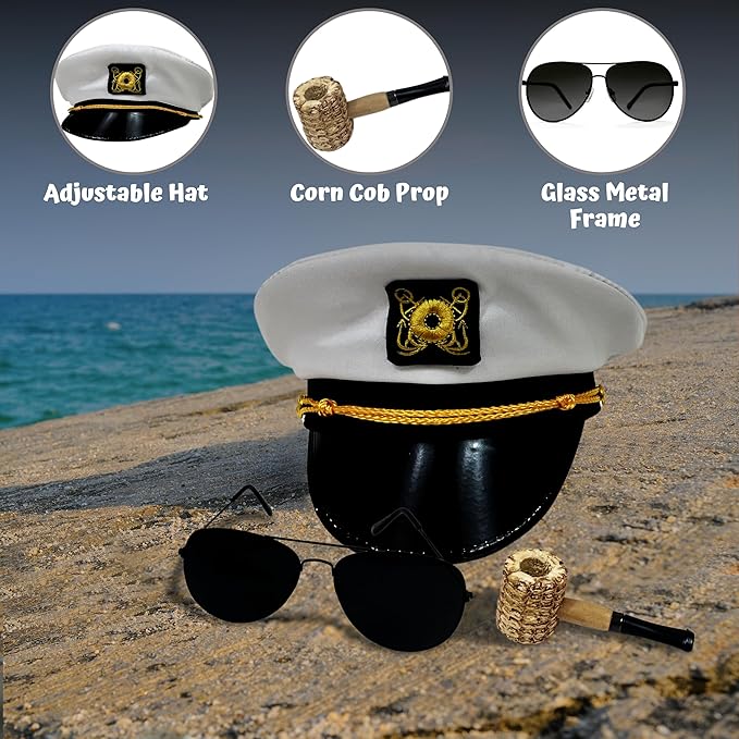 4E&#x27;s Novelty Yacht Captain Hat Costume Accessories Set with Adjustable Hat, Aviator Sunglasses &#x26; Fake Pipe &#x2013; Sailor Outfit Accessories for Adults, Men &#x26; Women &#x2013; Nautical Party &#x26; Halloween Dress Up