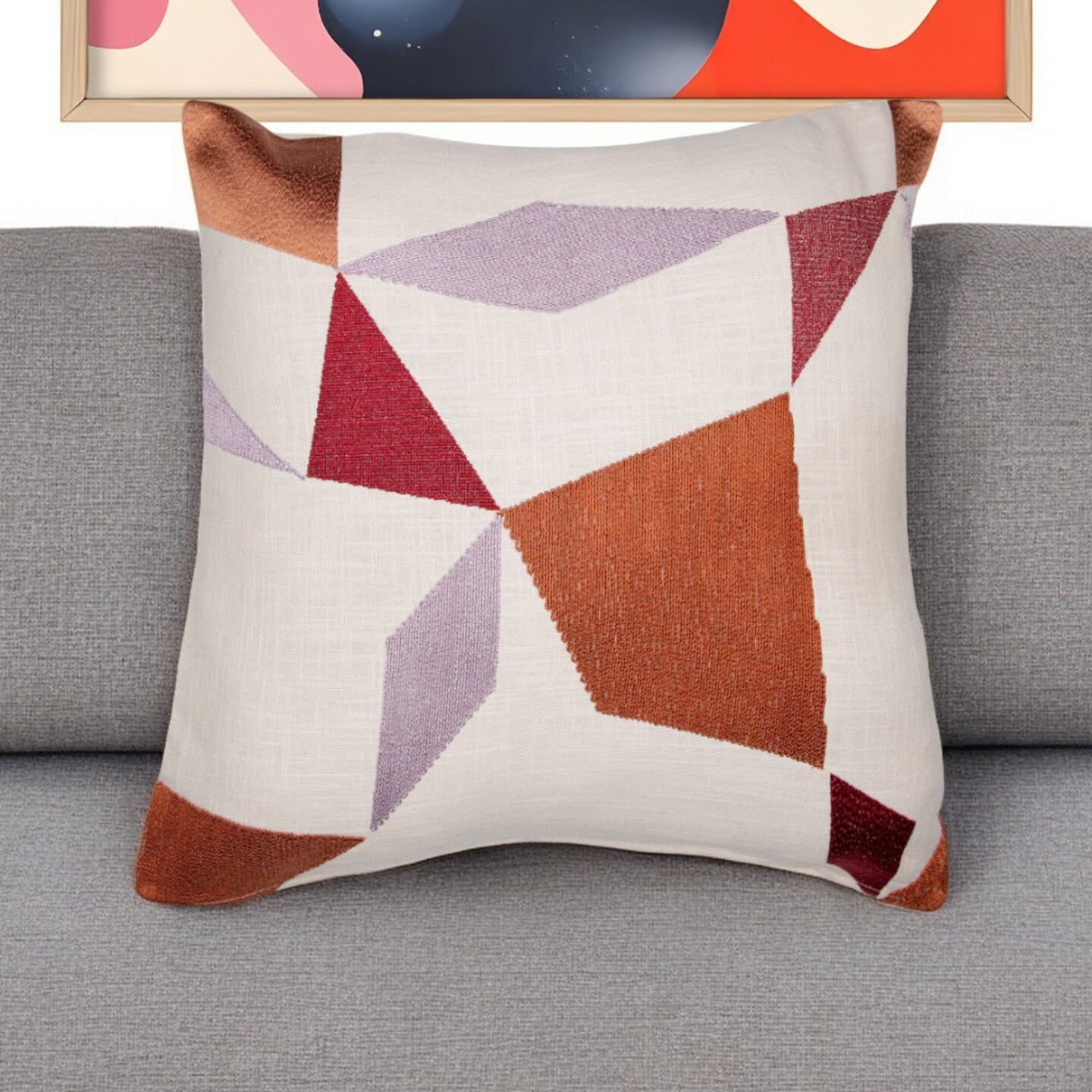 Edge Collections - 20-inch H x 20-inch W x 8-inch D - Red - Embroidered Geometric Throw Pillow for Cozy Decor - 1 Piece