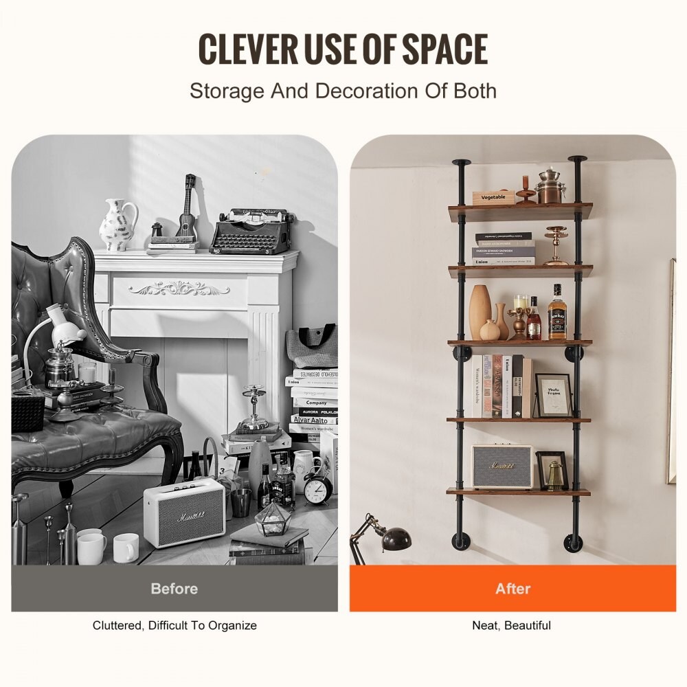Wall Mounted Industrial Pipe Shelf 5 Tier Wood Storage Unit