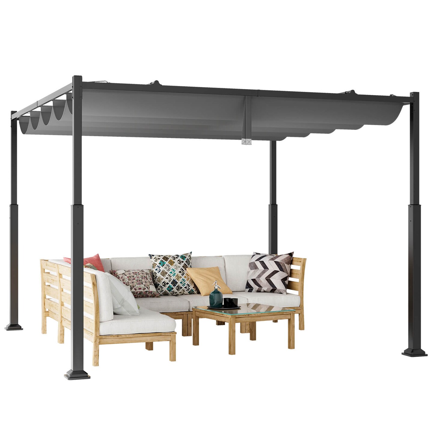 Costway 10&#x27; x 10&#x27; Outdoor Pergola with Retractable Canopy Heavy-Duty Metal Columns