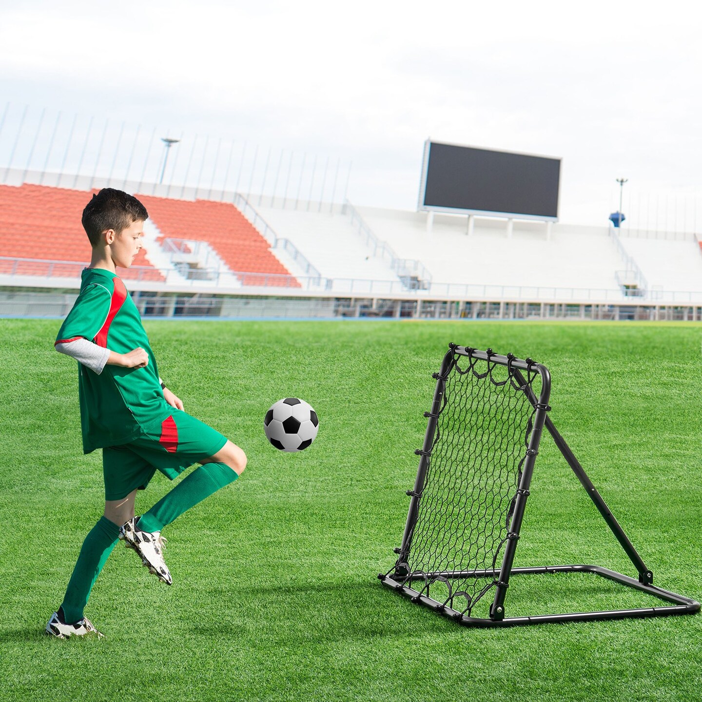 Black Portable Foldable Soccer Practice Net with Thick Iron Tube Frame and Adjustable Return Angle