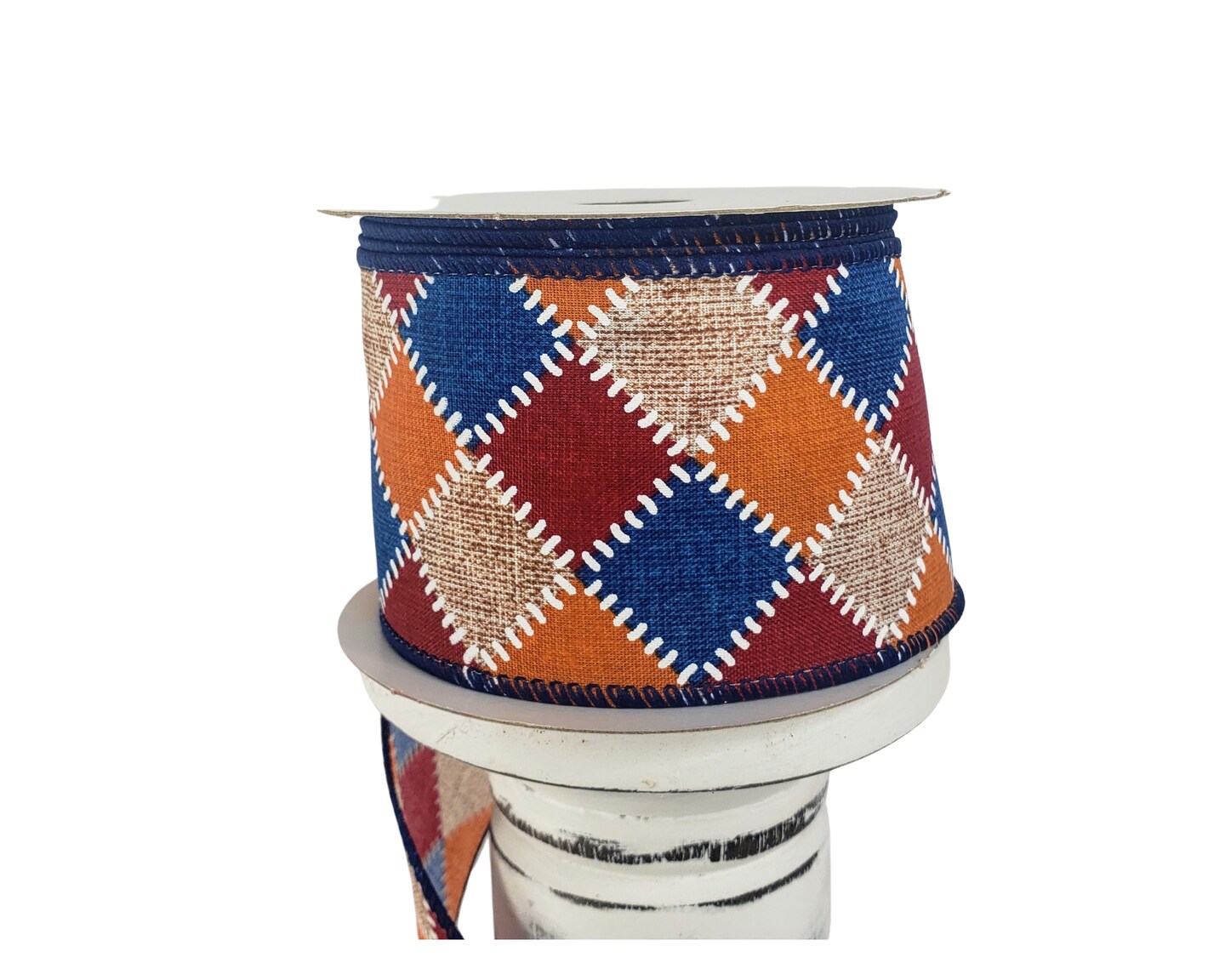 2.5"x10YD Fall Stitch Check Wired Ribbon - Burgundy/Blue/Orange/Natural - Rustic Charm for Autumn Crafts and Decor-(61101-40-25)