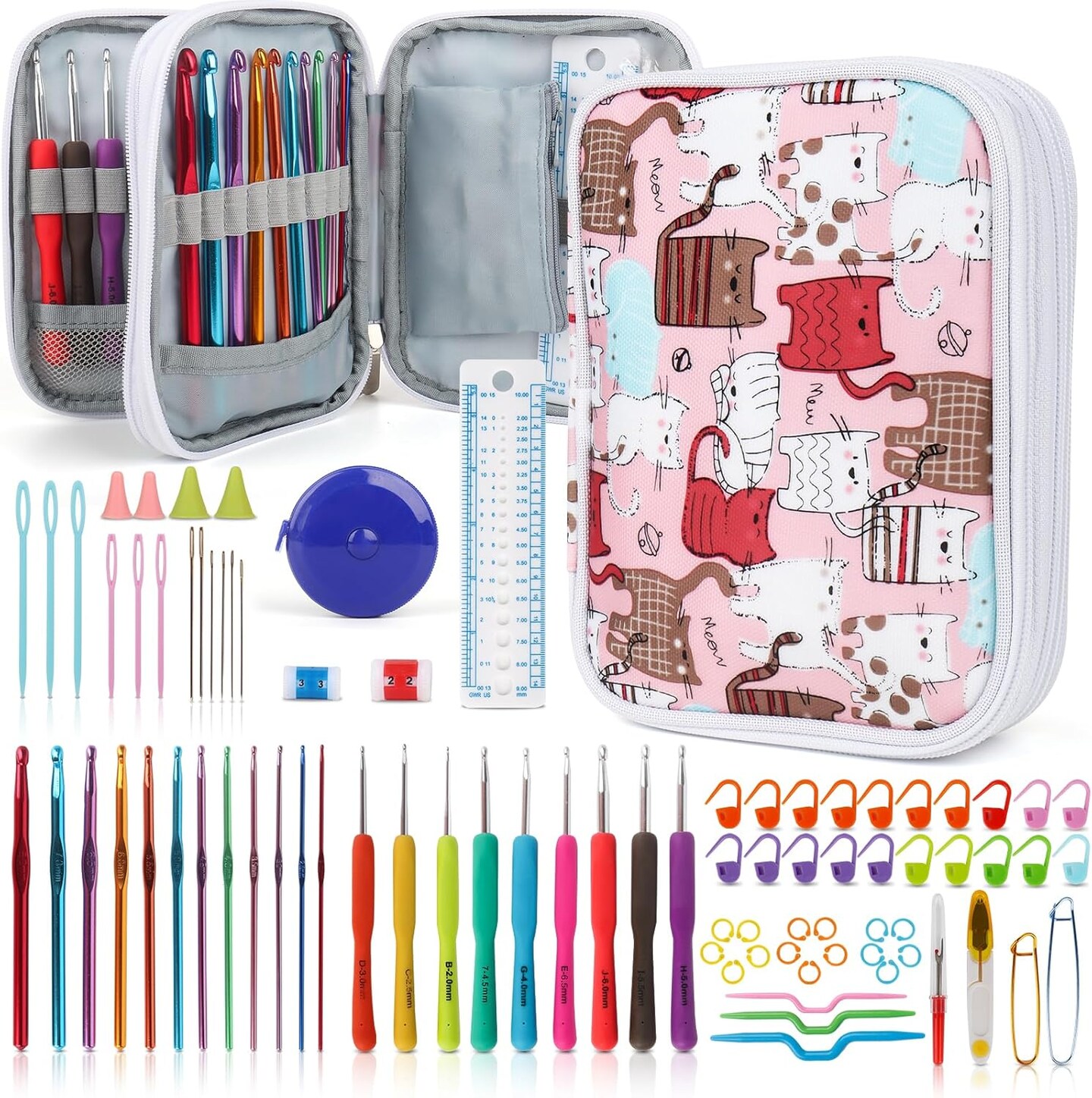 85 Piece Crochet Hooks Kit with Case, 85-Piece Crochet Hooks Set, Ergonomic Crochet Hook Crochet Needles Weave Yarn Kits DIY Hand Knitting Art Tools for Beginners and Experienced Crochet Lovers