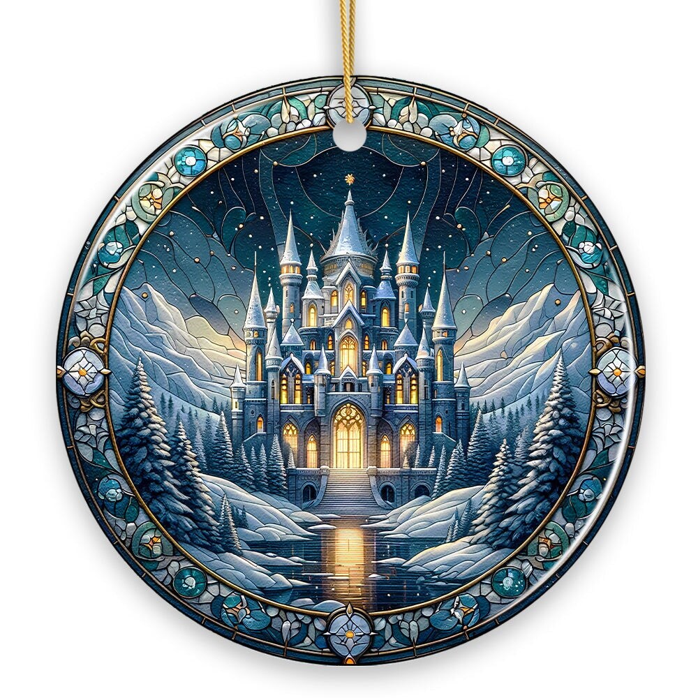 Stunning Castle Stained Glass Style Ceramic Ornament, Christmas Gift and Decor