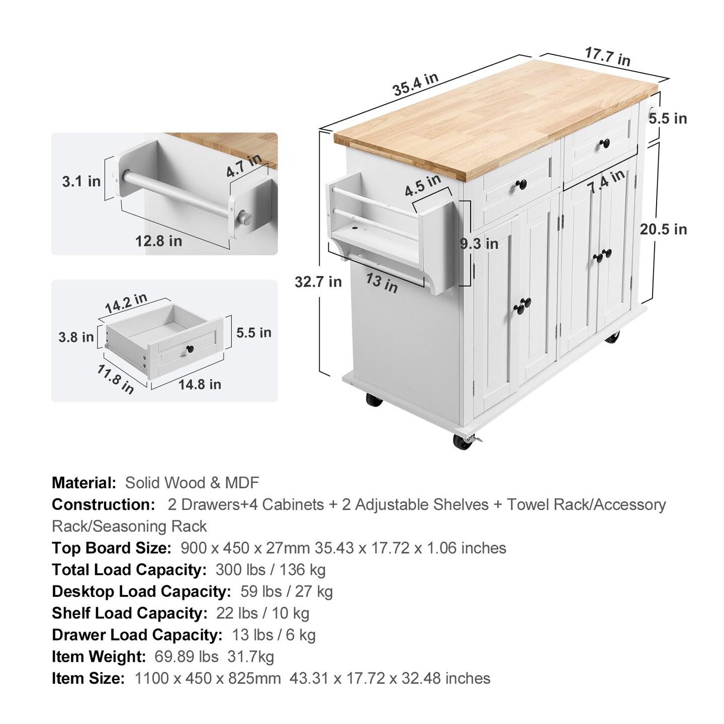 White Solid Wood and MDF Kitchen Island with Drop Leaf and Lockable Wheels