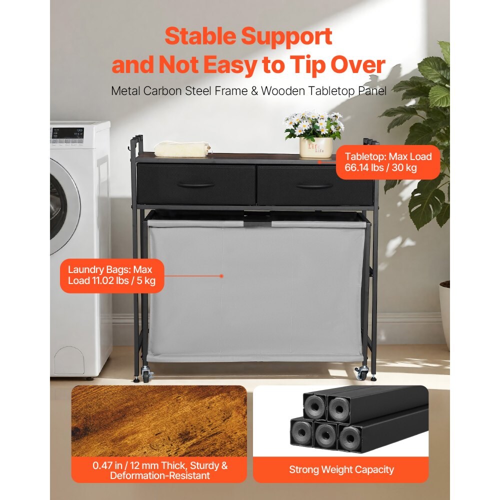 Black-Grey Metal Laundry Hamper with 3 Bags, Drawers and Wheels