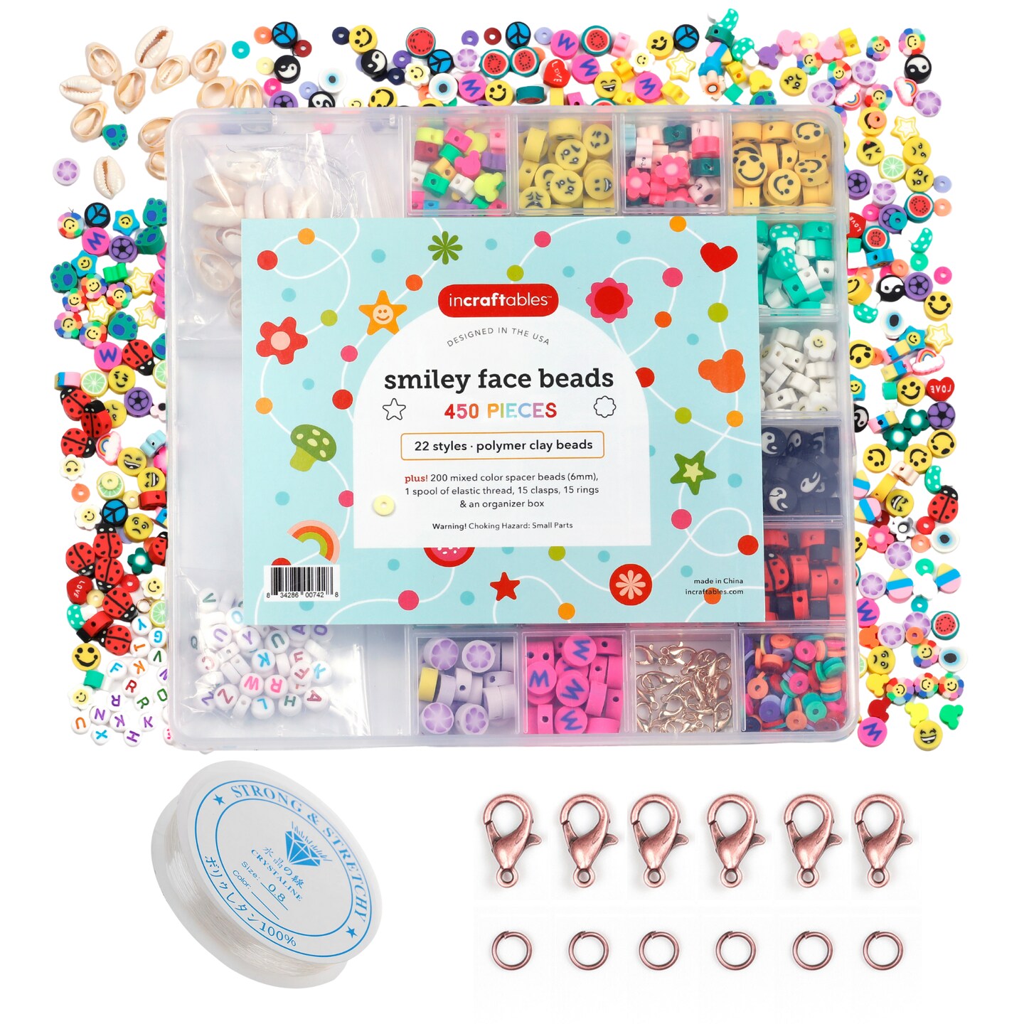 Incraftables Smiley Face Beads for Jewelry Making (22 Styles). Polymer Clay Bead Charms with Alphabet & Spacer Beads, Clasps & String. Cute Bracelets Smile, Heart, Flower & Fruit Beads for Kids & Adults