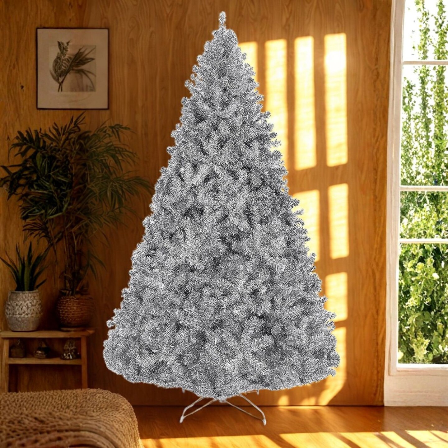 7.5 ft Full Bodied Metallic Silver Tinsel Christmas Tree with Metal Stand