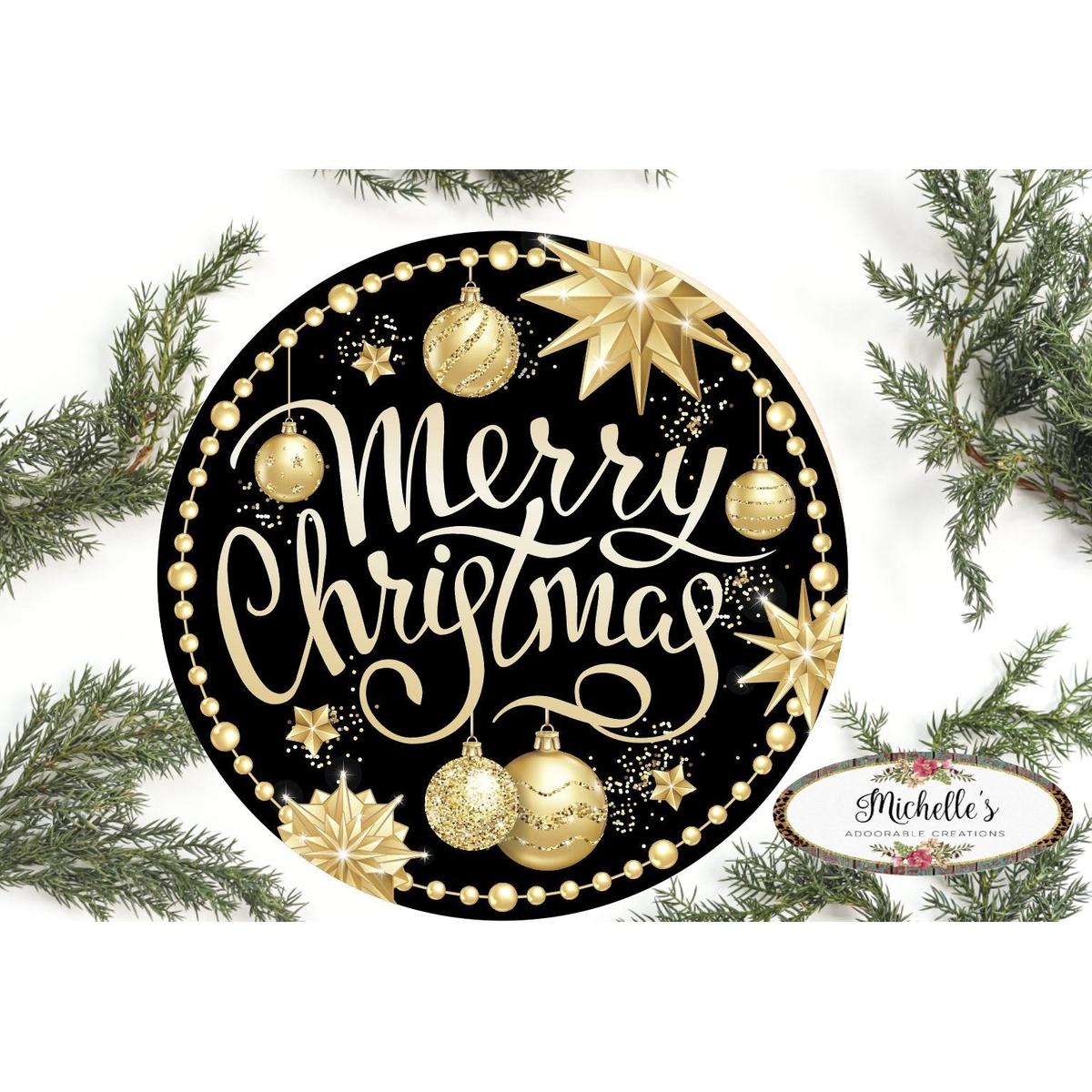 Merry Christmas Black Gold Round Sign