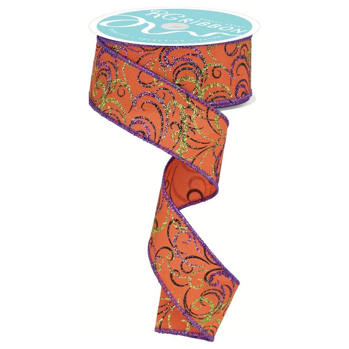 1.5" Multi Swirls Glitter Ribbon: Orange/Black/Purple (10 Yard)