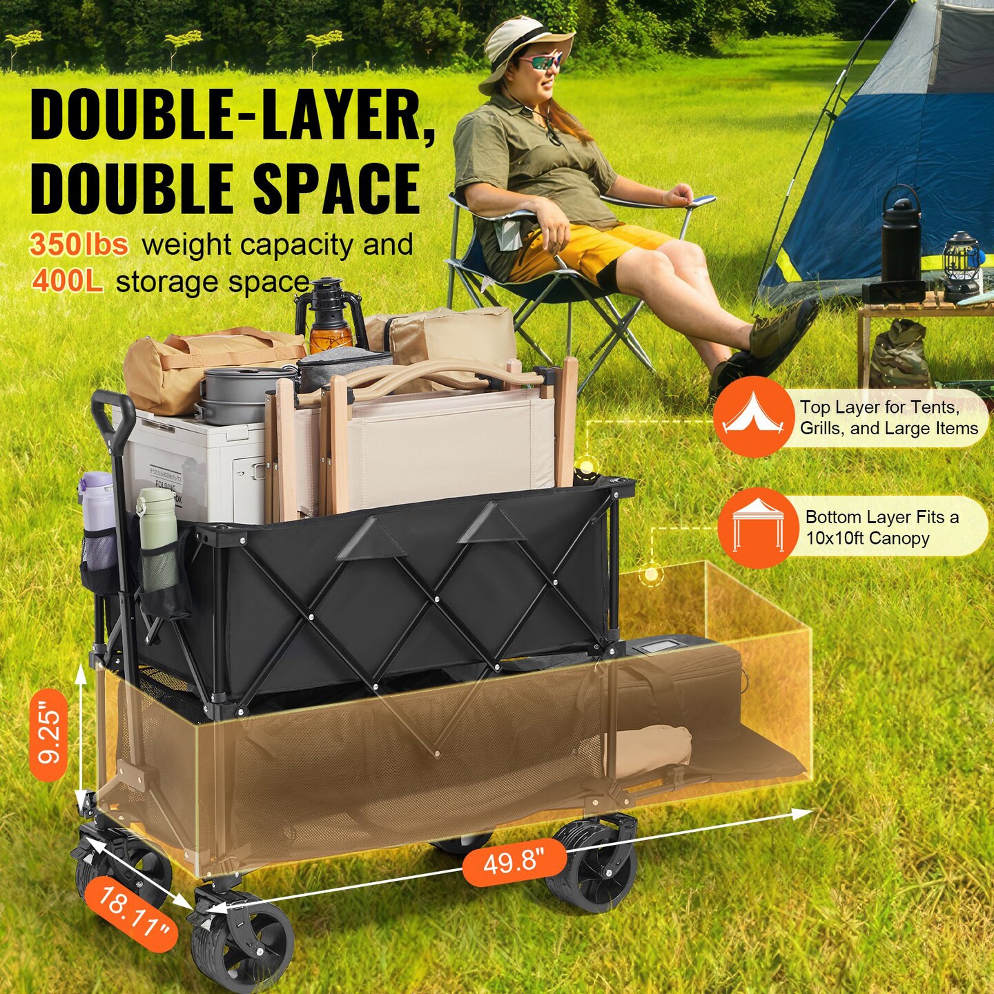 Foldable Double Decker Wagon 400L with All-Terrain Wheels, 52" Extender