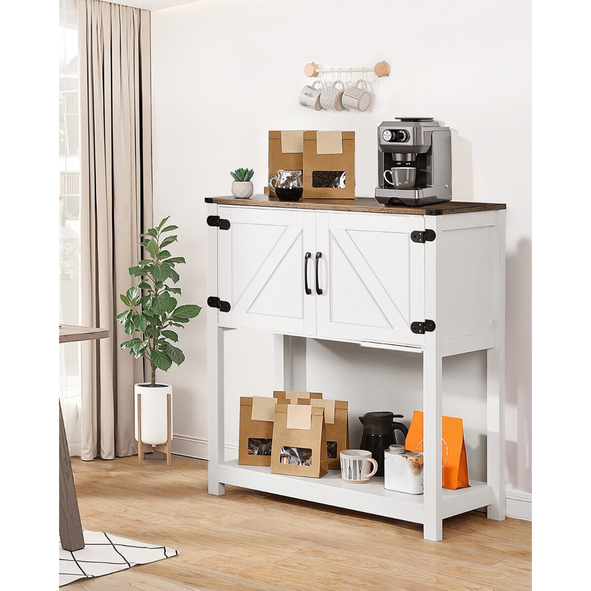 White Farmhouse Coffee Bar Cabinet with 3-Tier Storage and Magnetic Doors