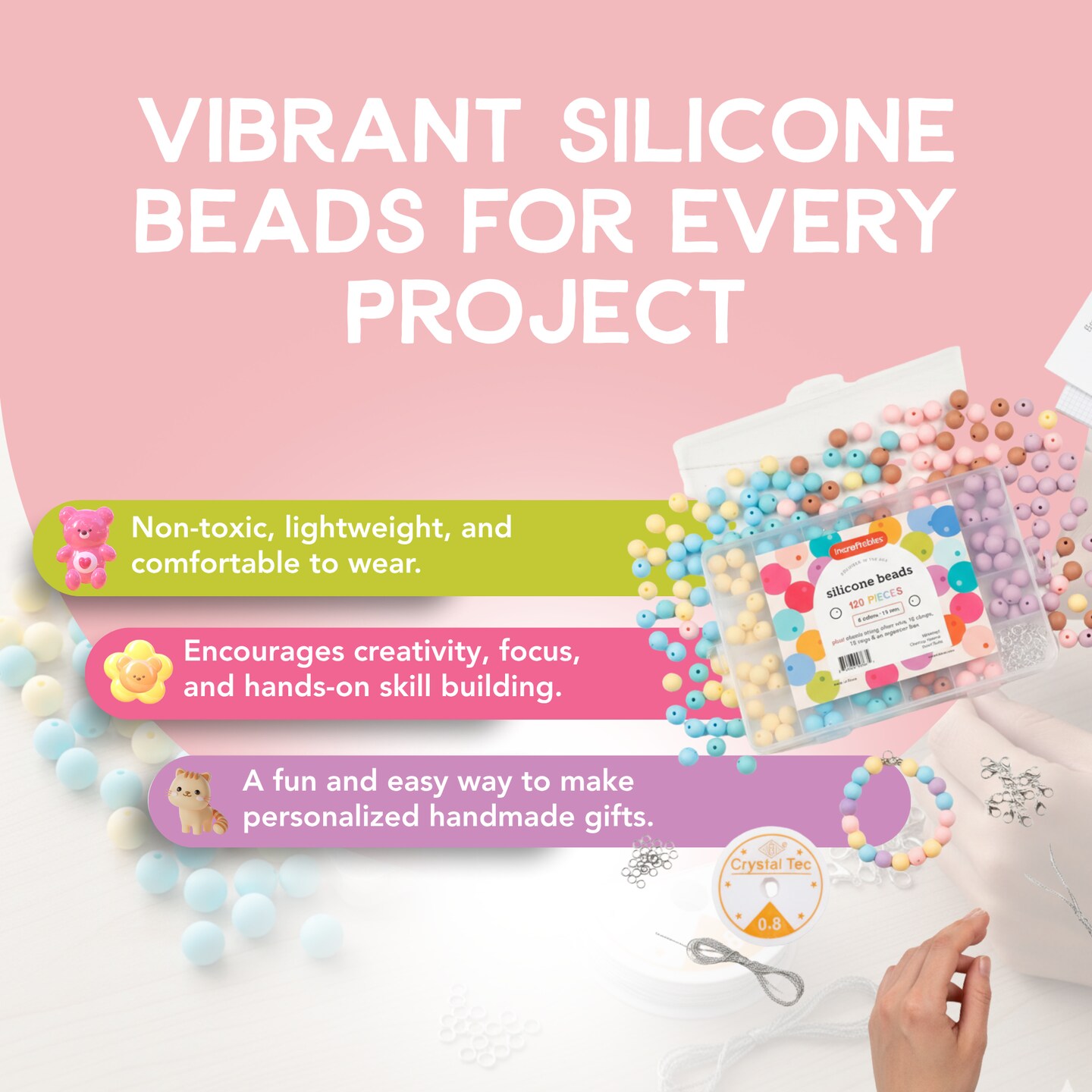 Incraftables Silicone Beads for Keychain making 120pcs Kit (6 Colors). Bulk Rubber beads for Kids &#x26; Adults. 12mm Silicone Beads for Jewelry Making with Elastic String, Silver Wire, Clasps &#x26; Organizer