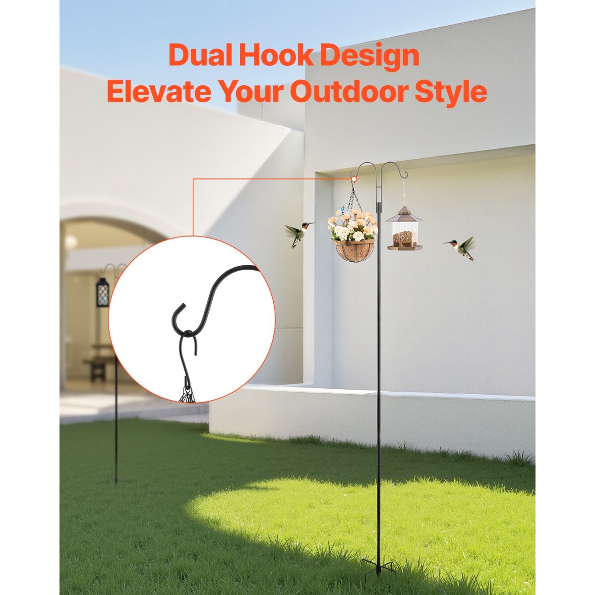 Black Steel Bird Feeder Pole with Dual Hooks and Stable Base, 8-Pack