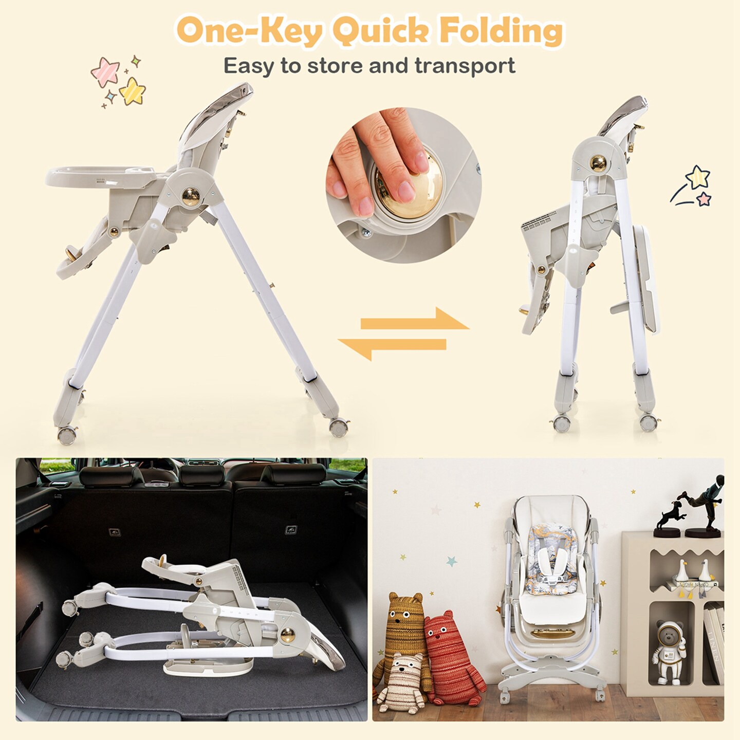 Costway Baby High Chair with Wheel Folding Baby Dining Chair Adjustable Height & Recline Grey/Black