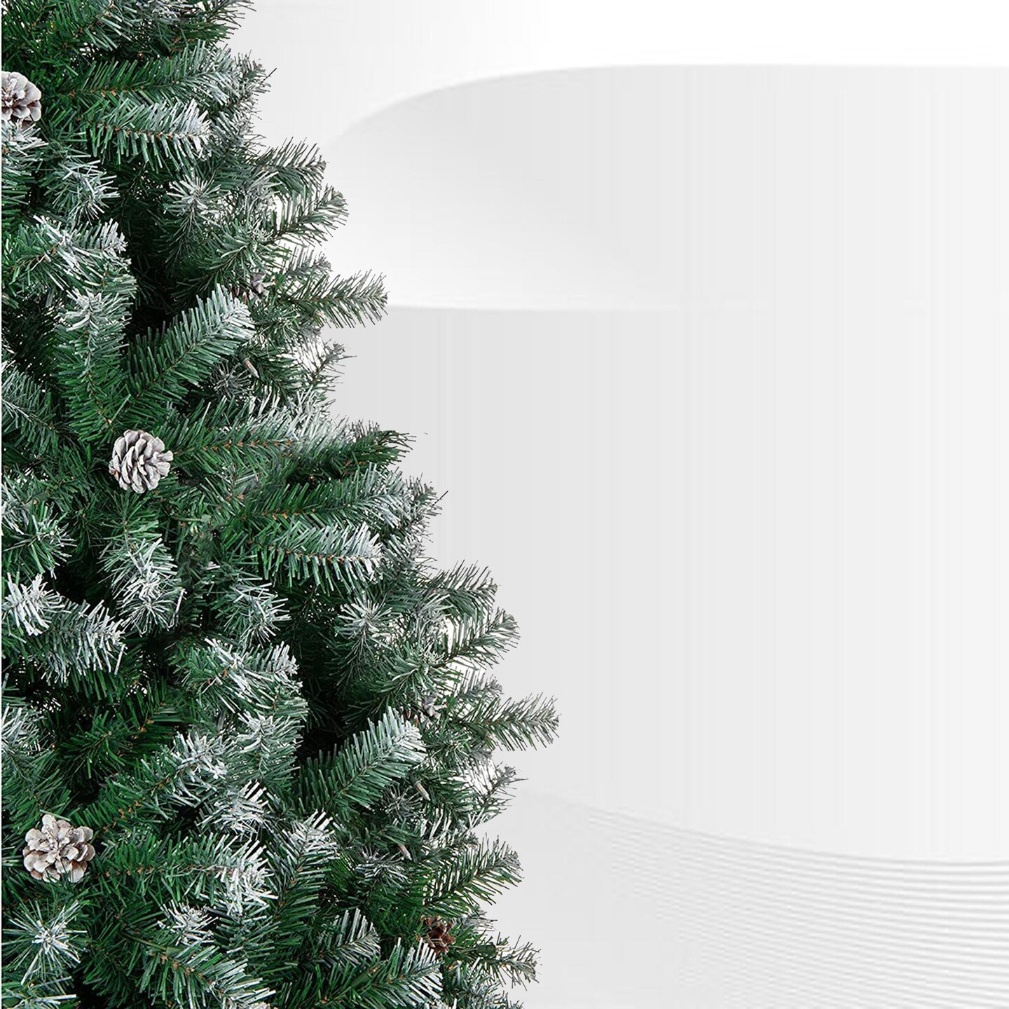 Frosted Oregon Fir Christmas Tree with Snow Dusted Pine Cones and Metal Stand