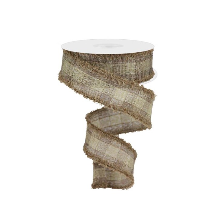 1.5&#x22;x10yd Burlap Plaid Wired Ribbon &#x2013; Frayed Edge Rustic Drift Check for Wreaths &#x26; Farmhouse Decor-RG0819504