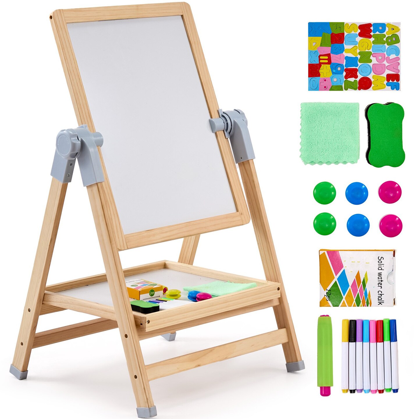 Wooden Kids Art Easel Double Sided with Whiteboard and Chalkboard Adjustable Stand