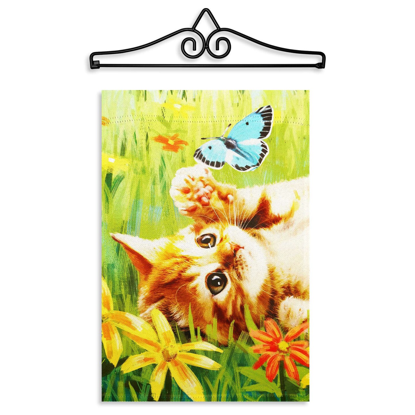 G128 Combo Pack Garden Flag Hanger 14IN & Garden Flag Kitten Butterfly Flowers Printed 12x18IN Double Sided