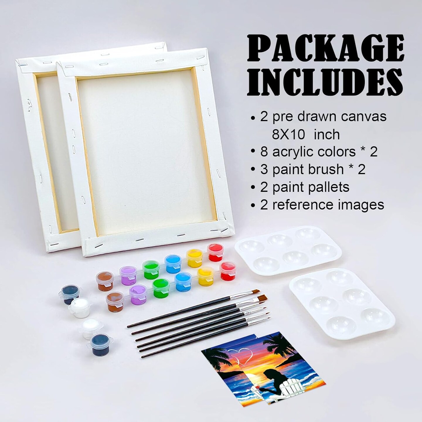 Sip and Paint Kit,Pre Drawn Canvas Couples Paint Party Kit Painting Art Set for Adults Date Night Sunset Beach Lovers 2 Pack