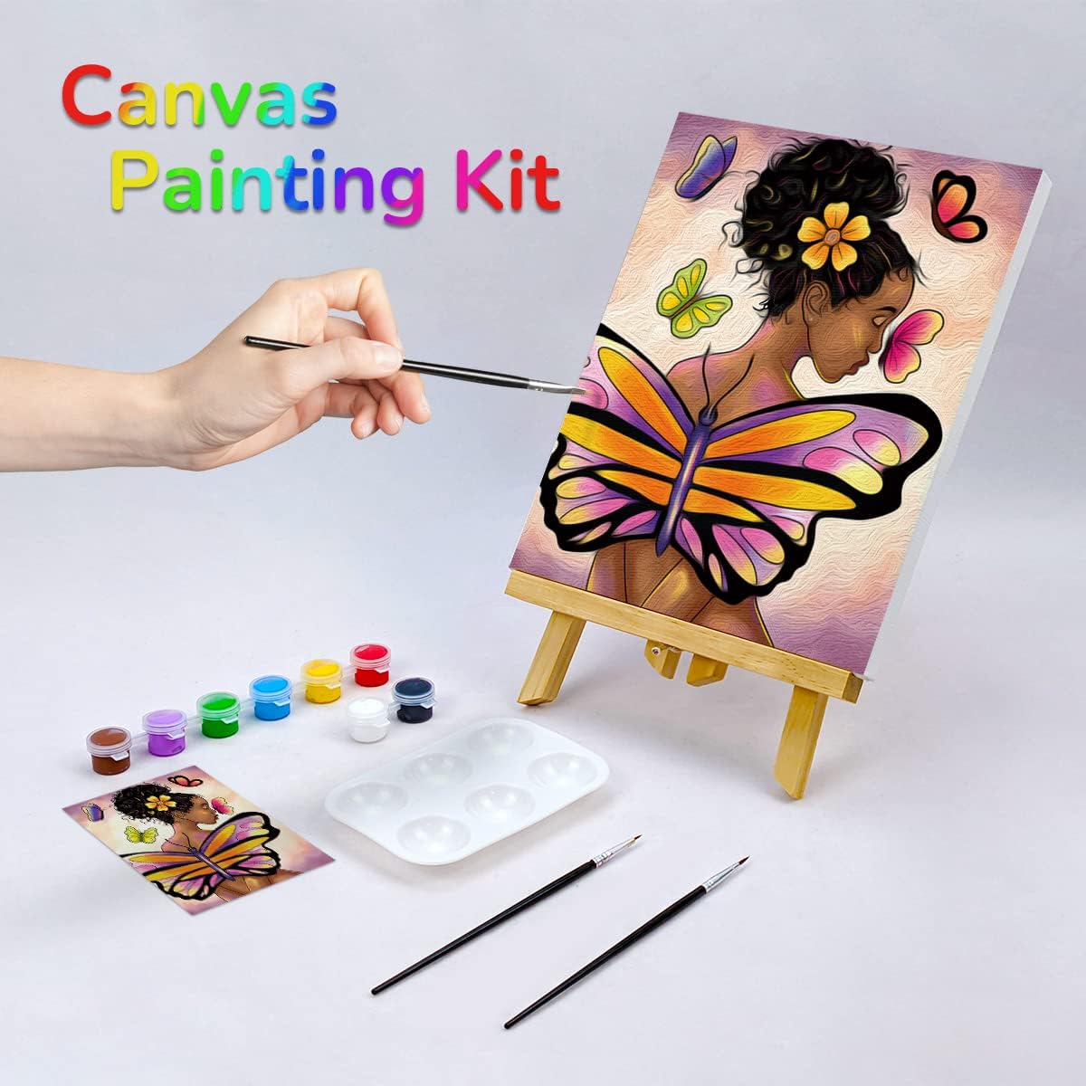 Painting Kit Pre Drawn Canvas for Painting for Adult Party Kits Paint and Sip Supplies 8x10 in Canvas Butterfly Girl 8 Acrylic Colors,3 Brush,1 Pallet Paint Art Set