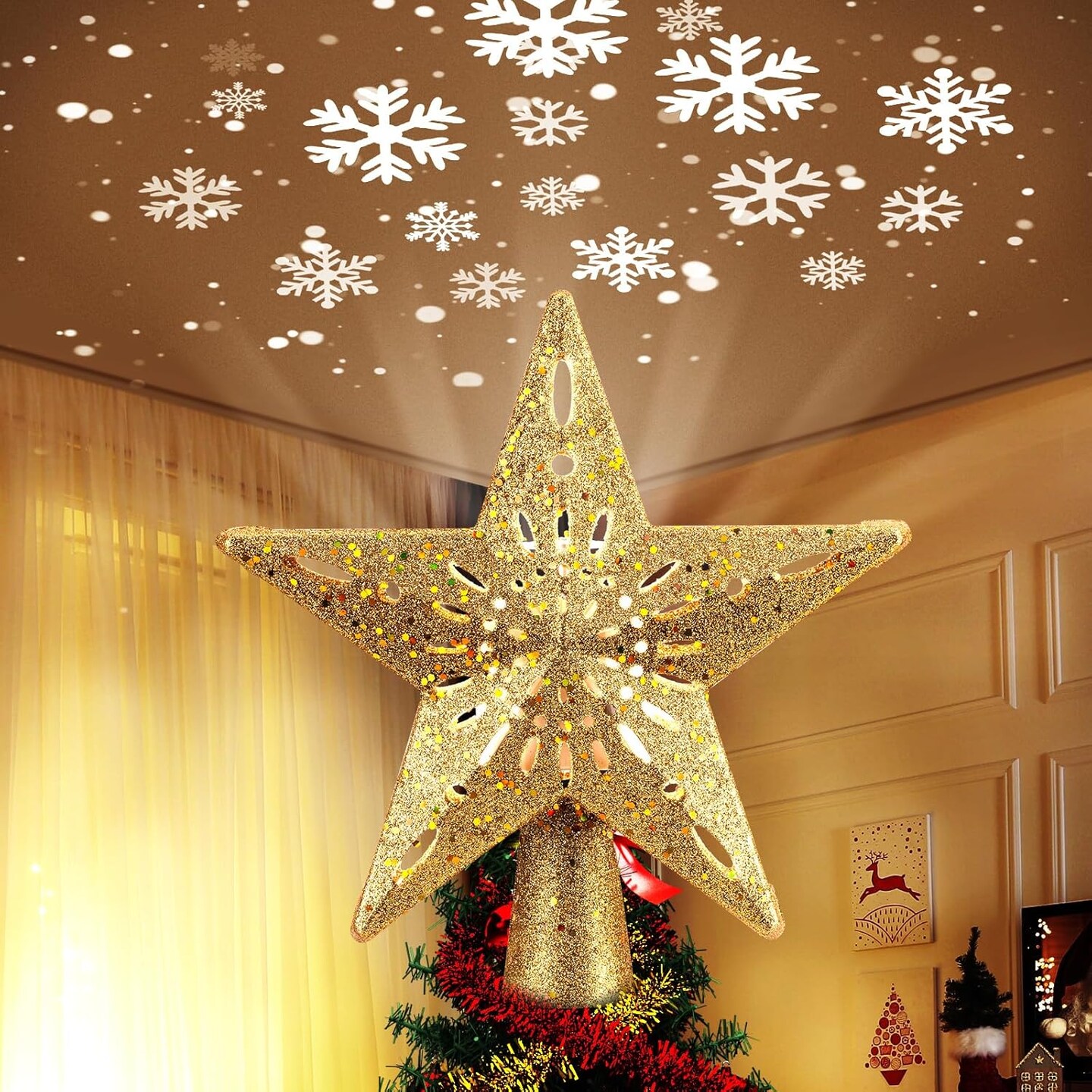 Gold Christmas Star Tree Topper with Built-in LED Snowflake Projector ...