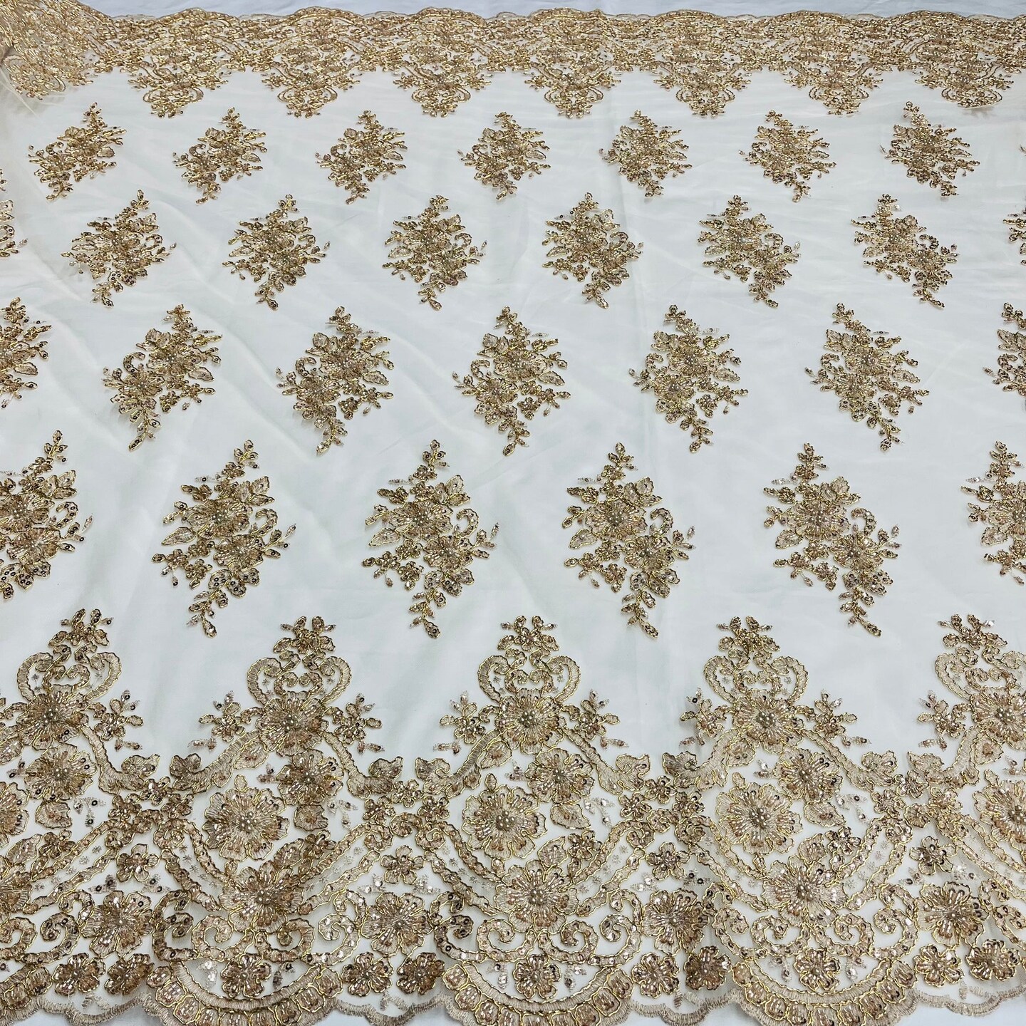 1 Yard Dusty Rose Beaded Corded Lace Fabric with Scallops Embroidered on 100% Poly Metallic 54 Inch Wide
