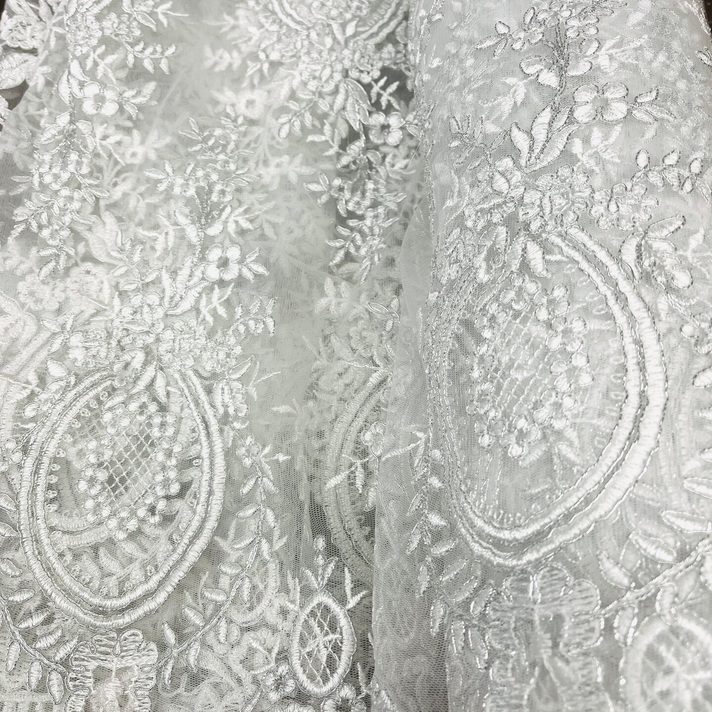 1 Yard Elegant White Corded Bridal Lace Fabric on 100% Polyester Net Mesh 48 inch Width