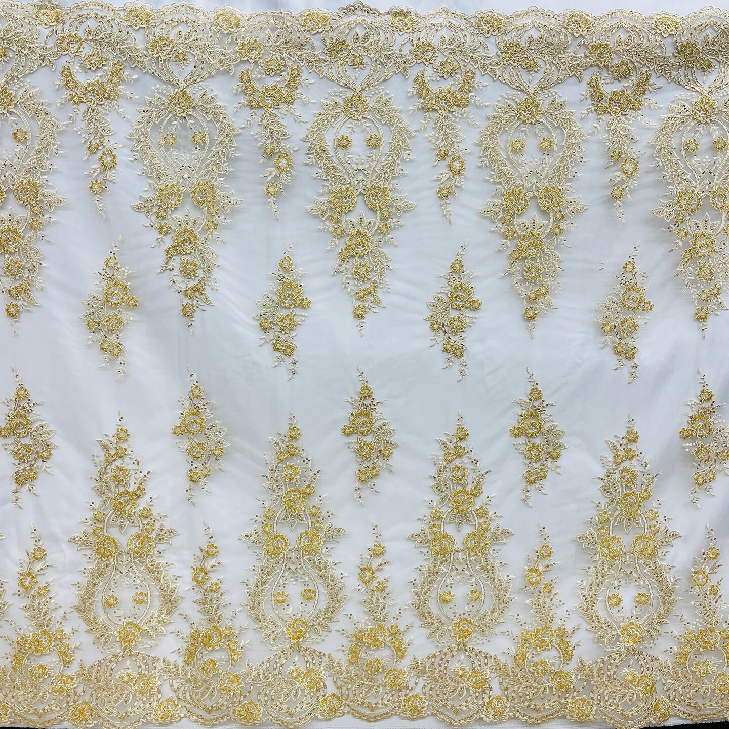 1 Yard Gold Beaded Corded Bridal Lace Fabric Embroidered on Polyester Net Mesh 54 Inch Width