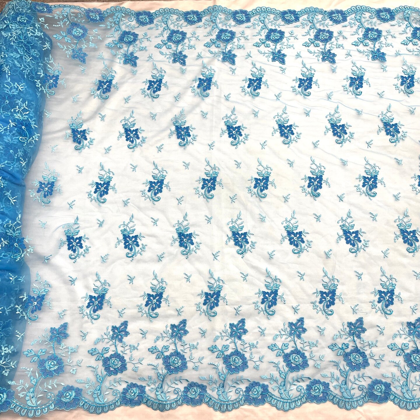 1 Yard Turquoise Corded Bridal Lace Fabric Embroidered Polyester Net Mesh 54 Inch Width