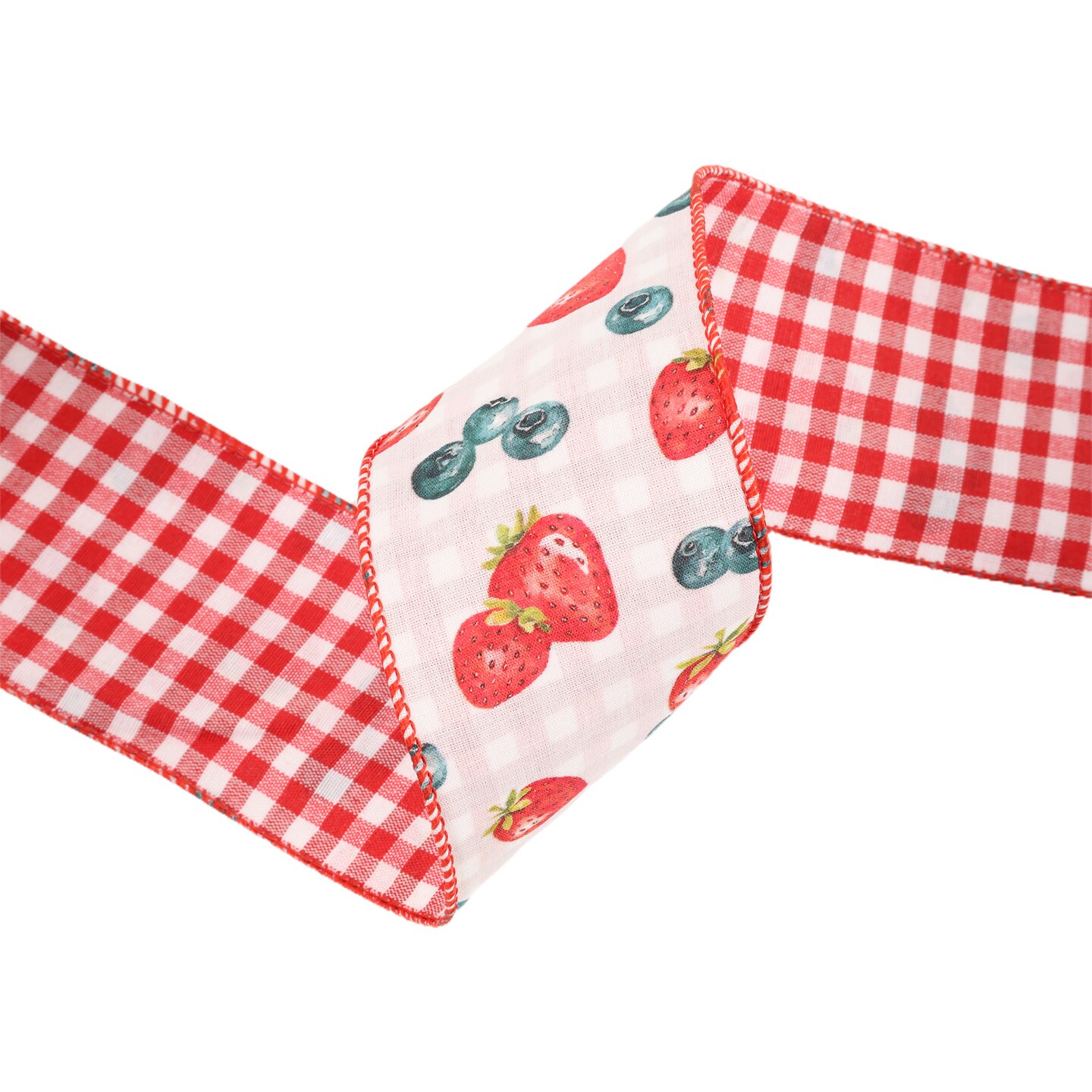 LaRibbons 1 1/2" - 2 1/2" Wired Ribbon | Strawberry/Blueberries on White w/ Checked Back | 10 Yard Roll