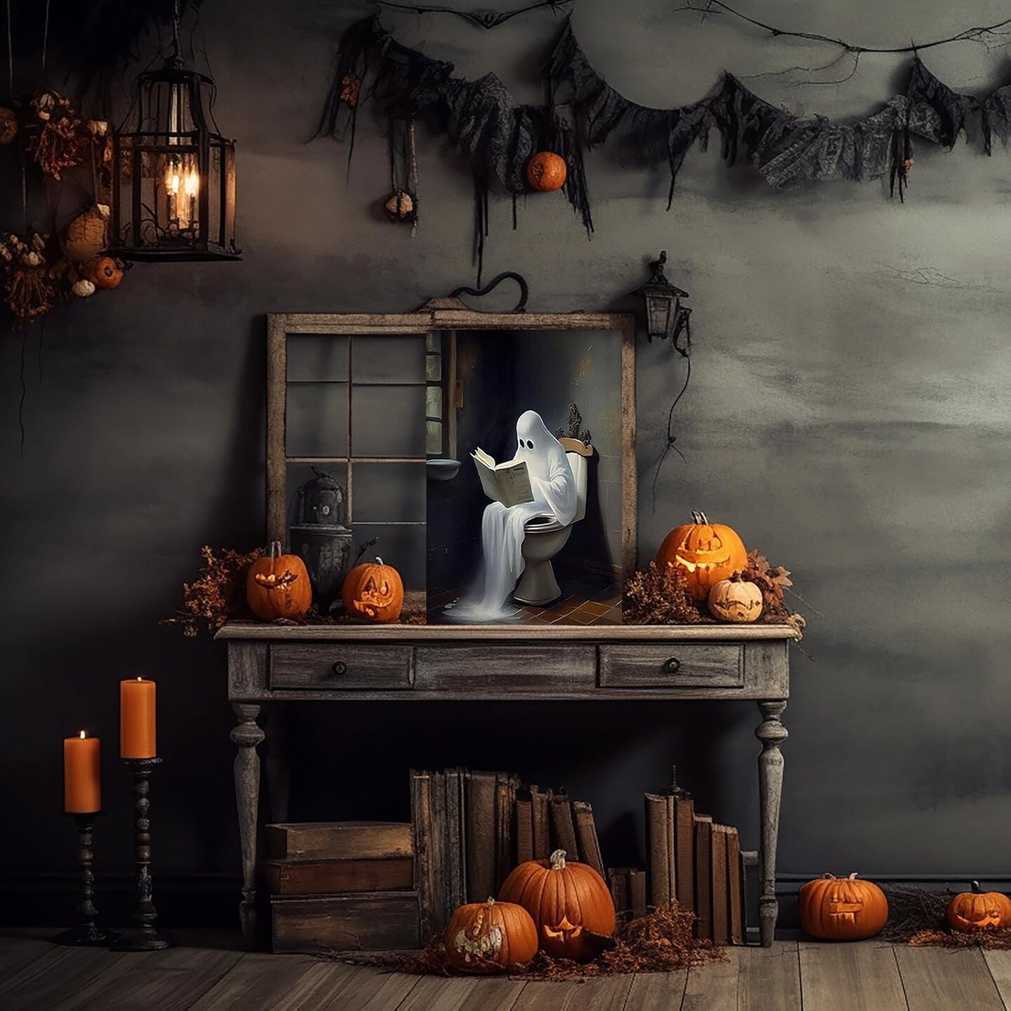 Ghost on Toilet Halloween Wall Decor - 16L&#x22; x 12W&#x22; (Unframed)