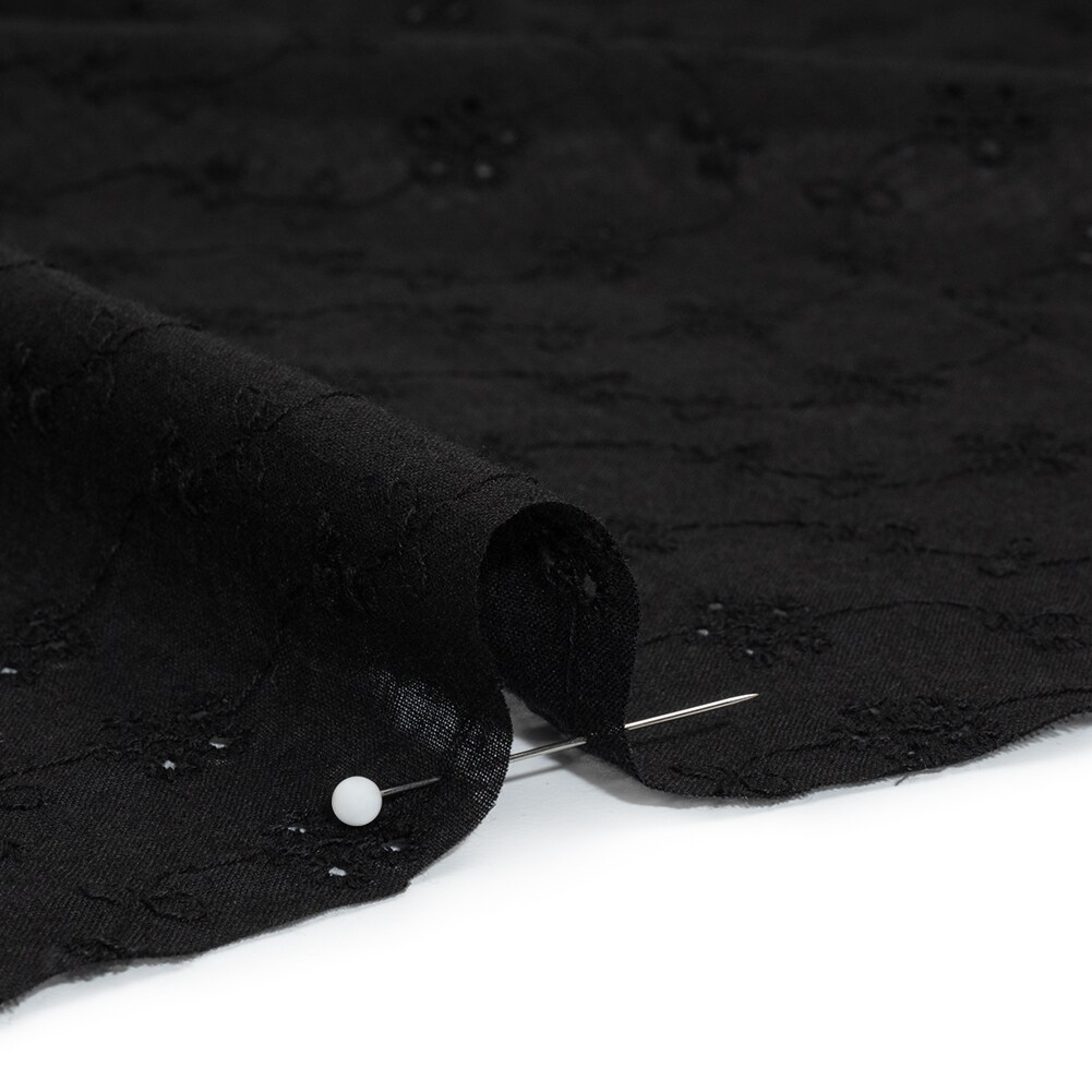 1 Yard Embroidered Eyelet Cotton Voile Black Wavy Daisy Vines Fabric 54 inch Width