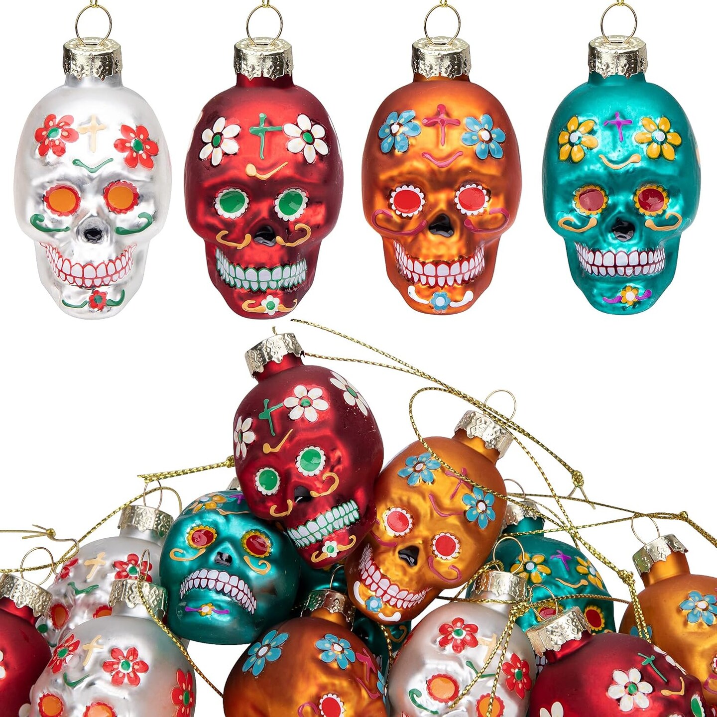 12pcs Day of The Dead Glass Sugar Skull Ornaments