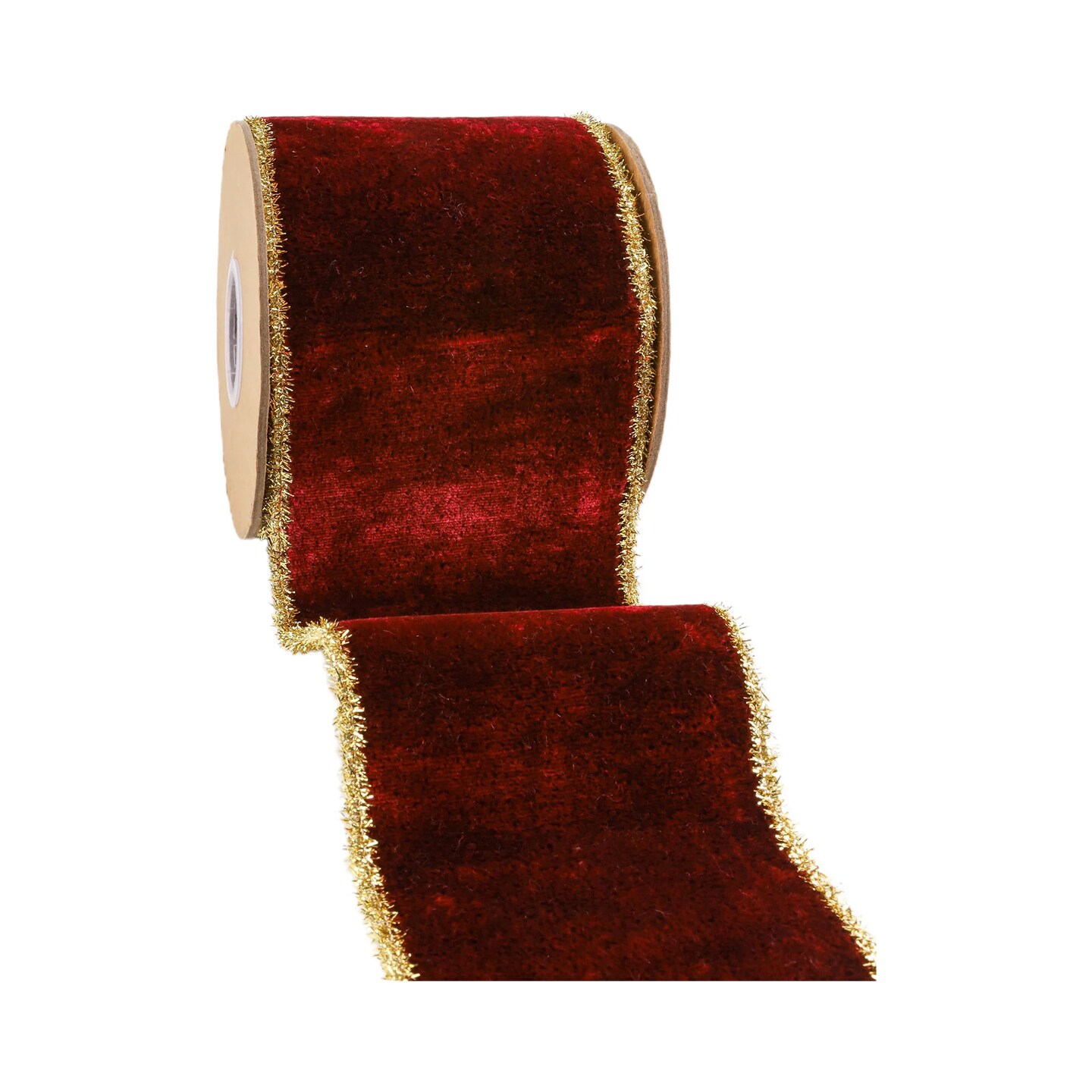 LaRibbons 4&#x22; Wired Velvet Ribbon | Tinsel Edge &#x26; Metallic Gold Backing | 5 Yard Roll