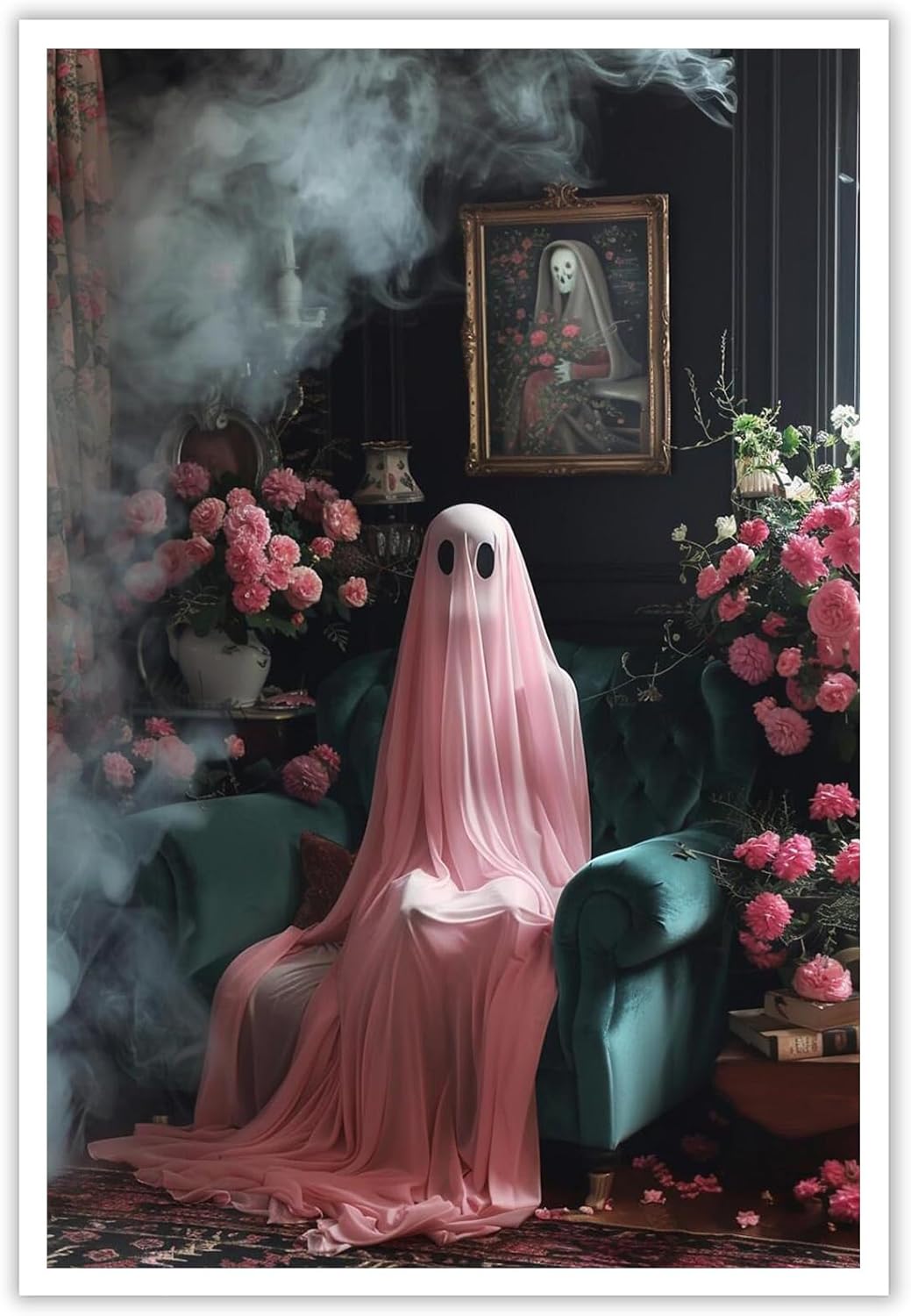 Retro Pink Ghost Halloween Poster - 12L&#x22; x 16W&#x22;