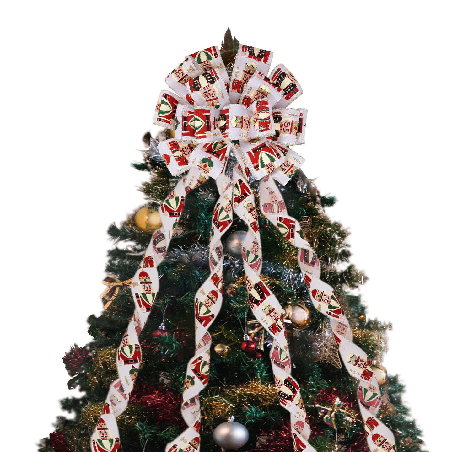 LaRibbons 13&#x22; Decorative Christmas Tree Topper Bow (2.5&#x22; Wired Ribbon) | &#x22;Nutcracker&#x22; White/Multi