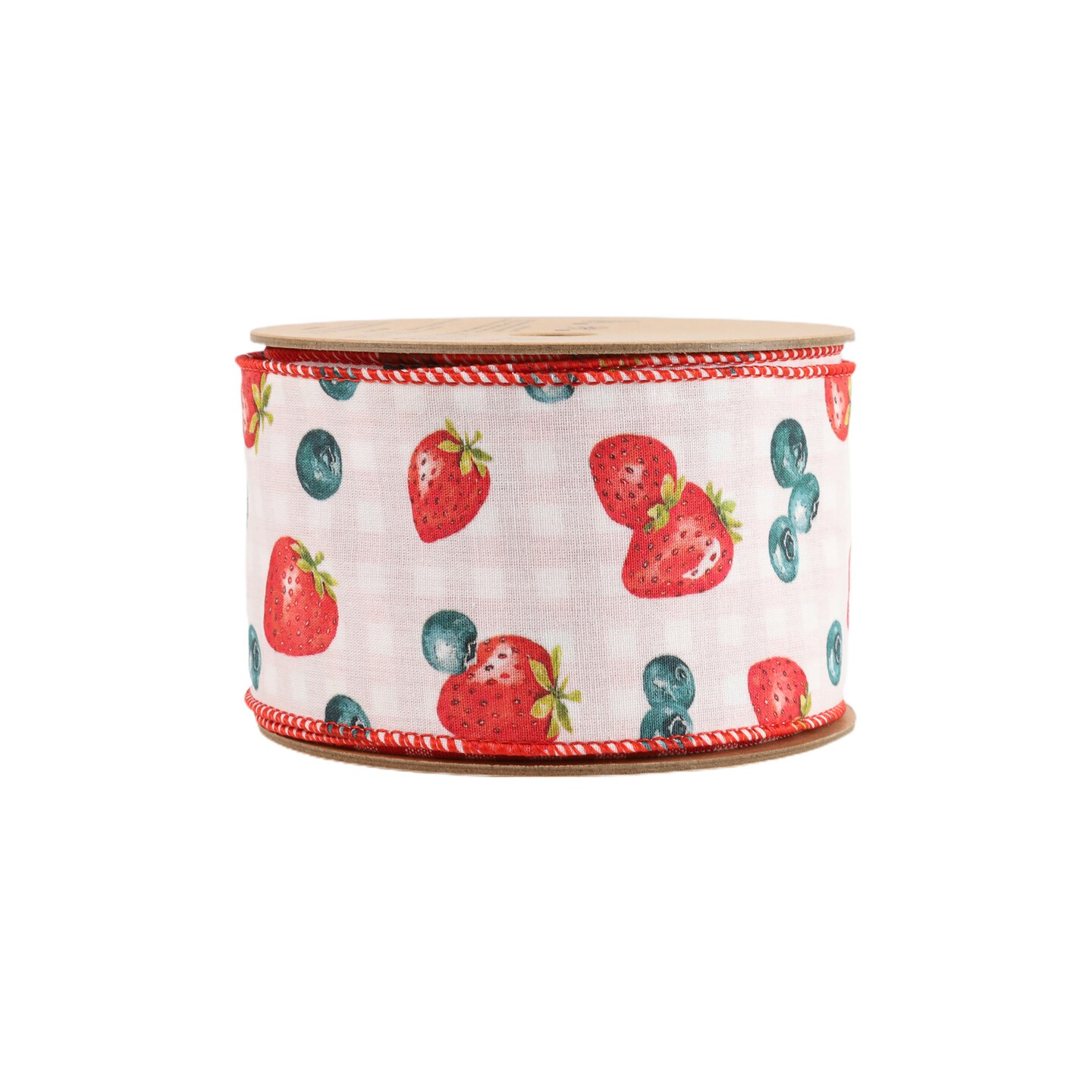 LaRibbons 1 1/2" - 2 1/2" Wired Ribbon | Strawberry/Blueberries on White w/ Checked Back | 10 Yard Roll