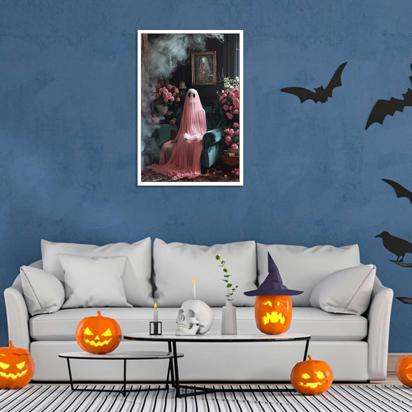 Retro Pink Ghost Halloween Poster - 12L&#x22; x 16W&#x22;