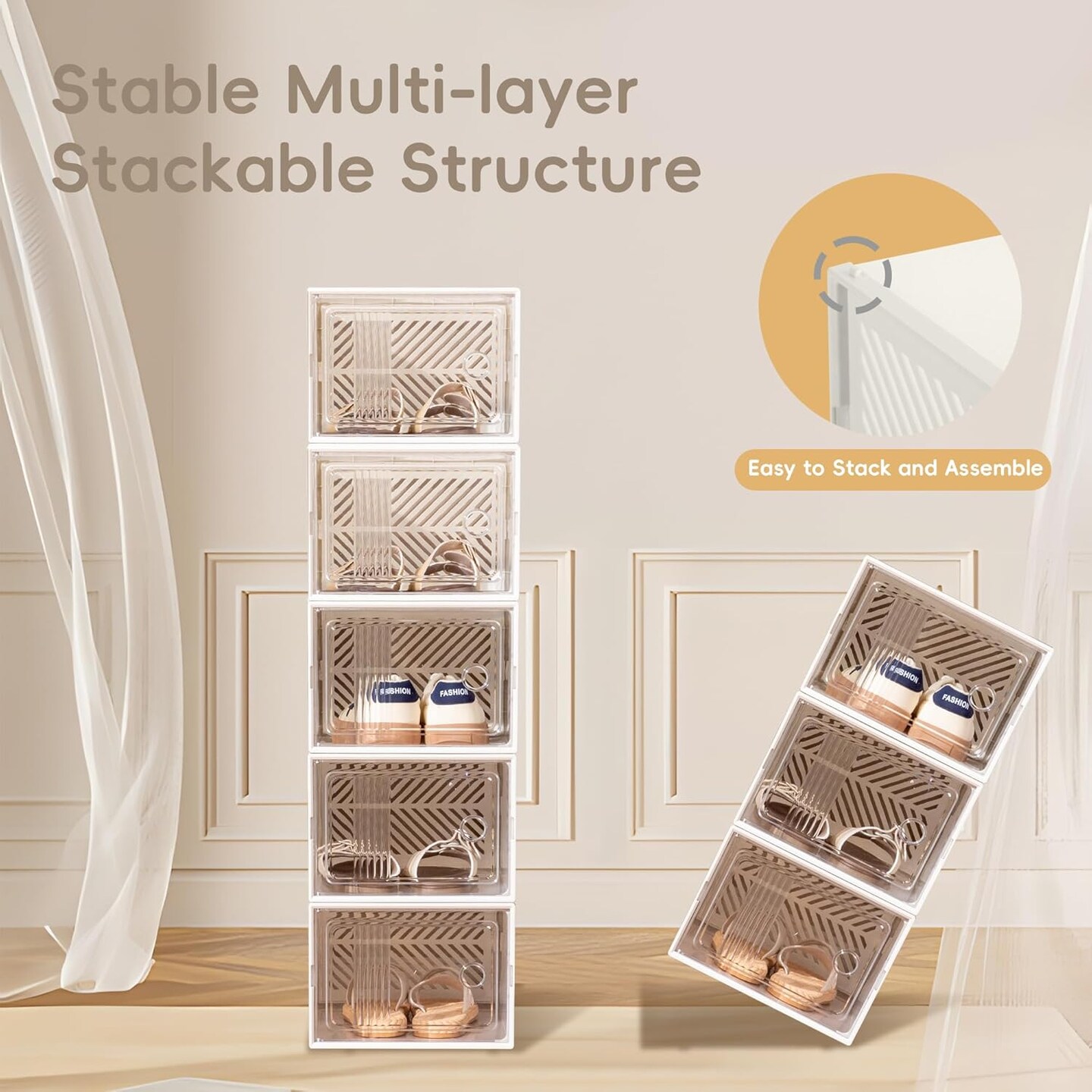 VUSIGN 12 Pack Clear Shoe Storage Boxes, Stackable Plastic Shoe Organizers for Closet, Space-Saving Foldable Sneaker Container Bins with Lids, L, White