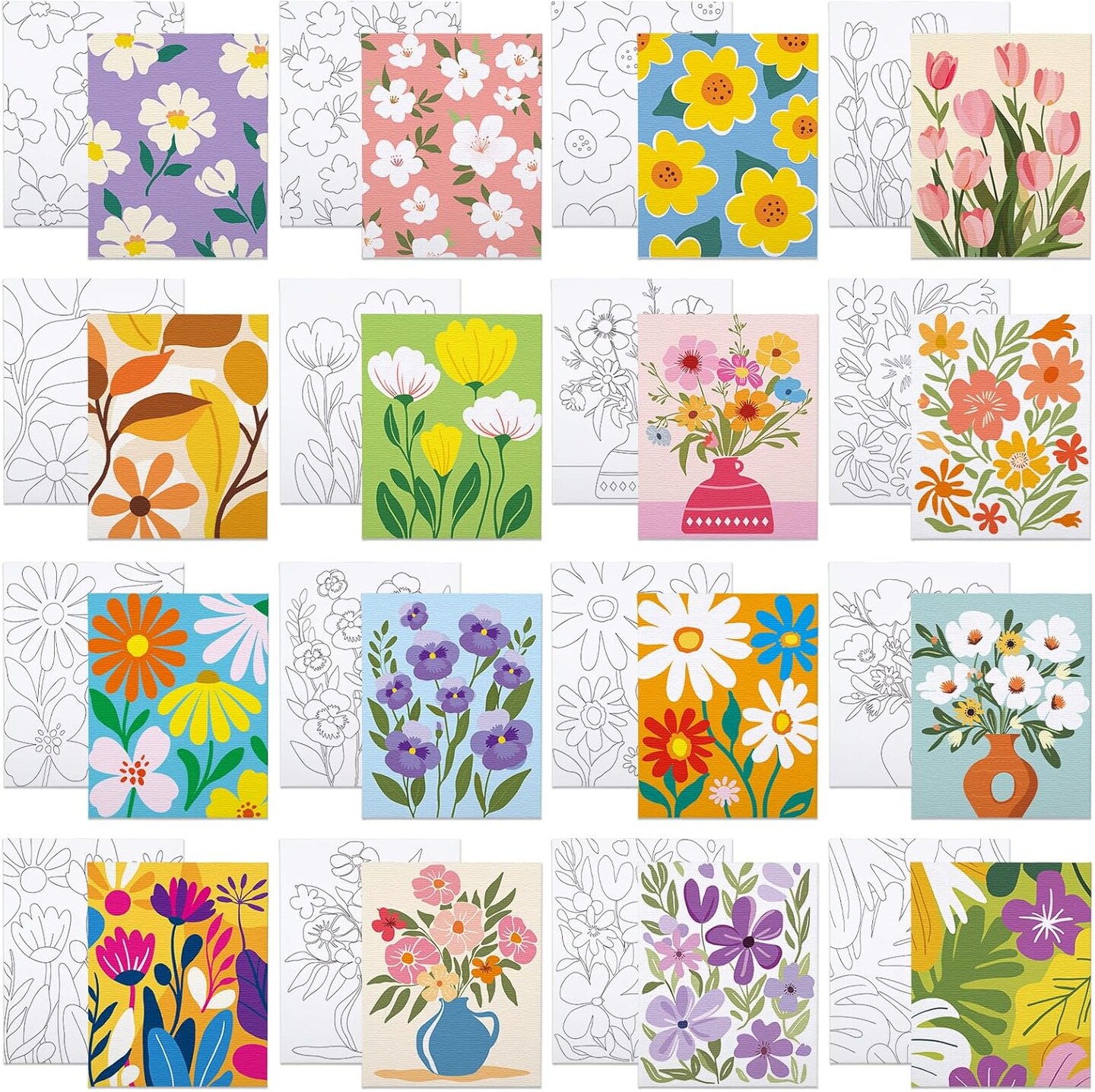 16 Pack 8x10 Inch Pre-Drawn Floral Canvas Painting Kit for Adults