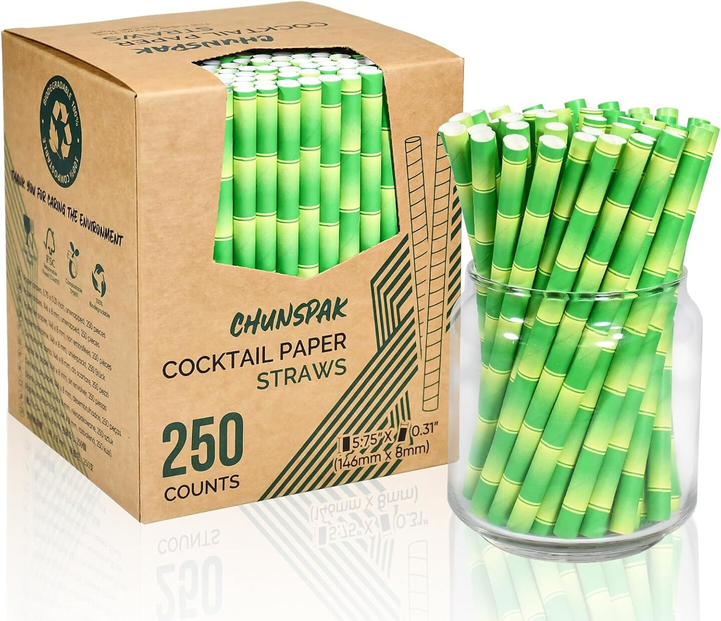 5.75" x 0.31" Green Bamboo Disposable Paper Drinking Straws for Short Drinks, Blended Cocktails, Margaritas, Smoothies, Milkshakes - Unwrapped