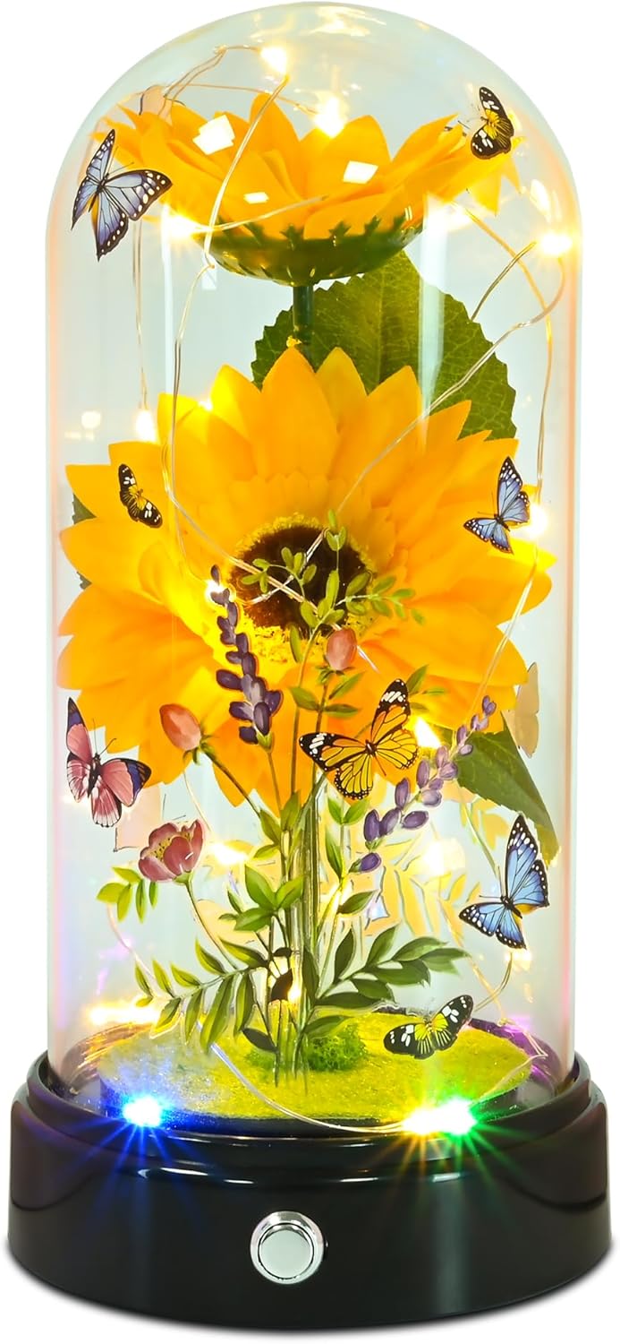 Sunflower Gifts for Women,Yellow Artificial Sunflowers with LED Light in Glass Dome,Cute Sunflower for Christmas,Birthday, Mother's Day, Valentine's Day