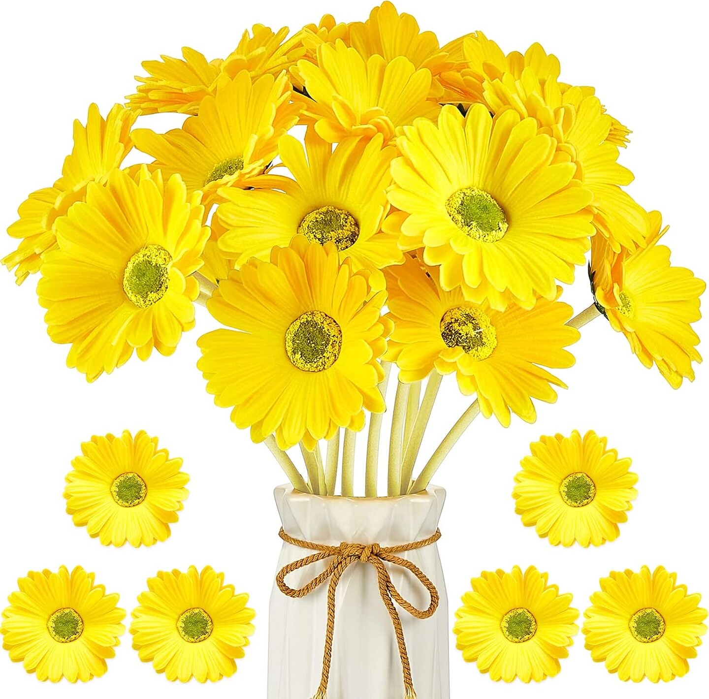 18 Pieces Summer Floral Arrangement &#x2013; Artificial Gerbera Daisies Flowers, Fake Daisy Faux Flowers Bouquet 15 Inch for Home Kitchen Decor (Yellow)