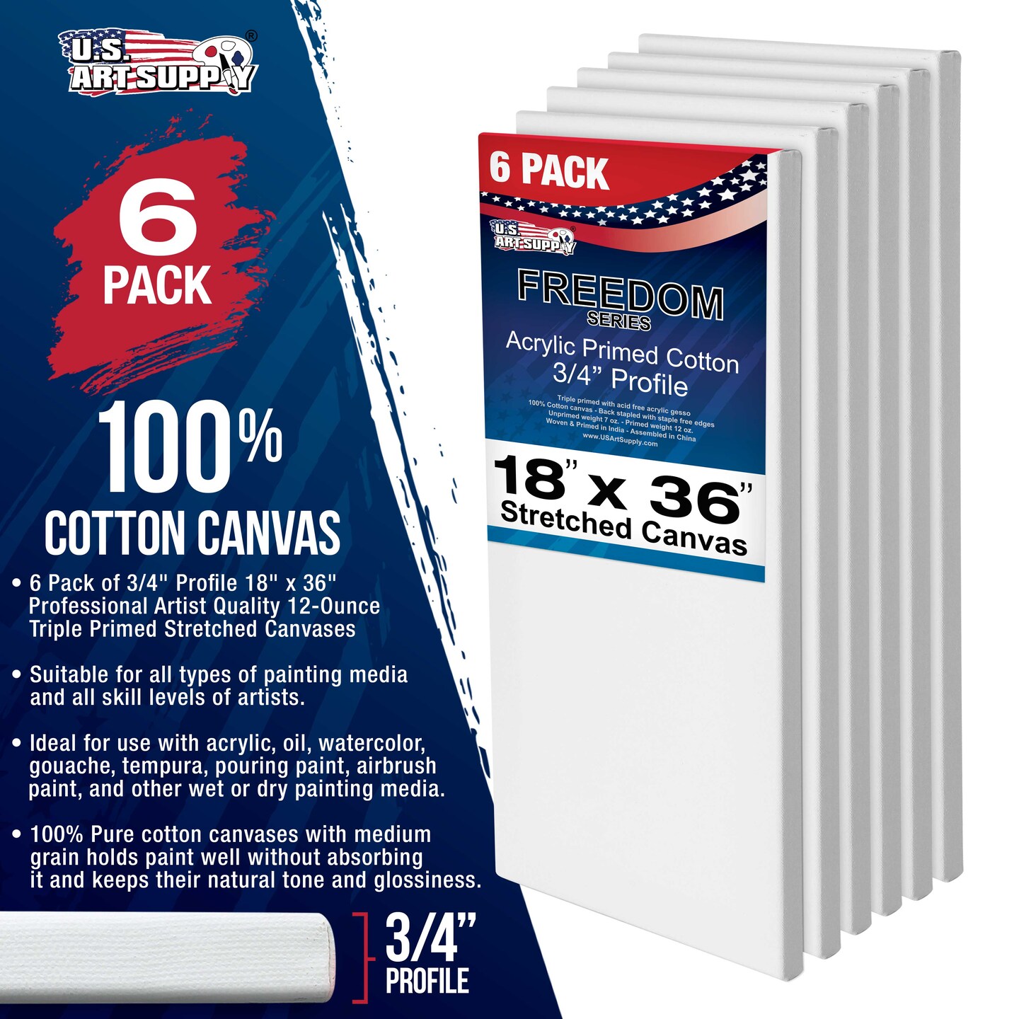 18 x 36 inch Stretched Canvas 12-Ounce Triple Primed, 6-Pack - Professional Artist Quality White Blank 3/4&#x22; Profile, 100% Cotton, Heavy-Weight Gesso